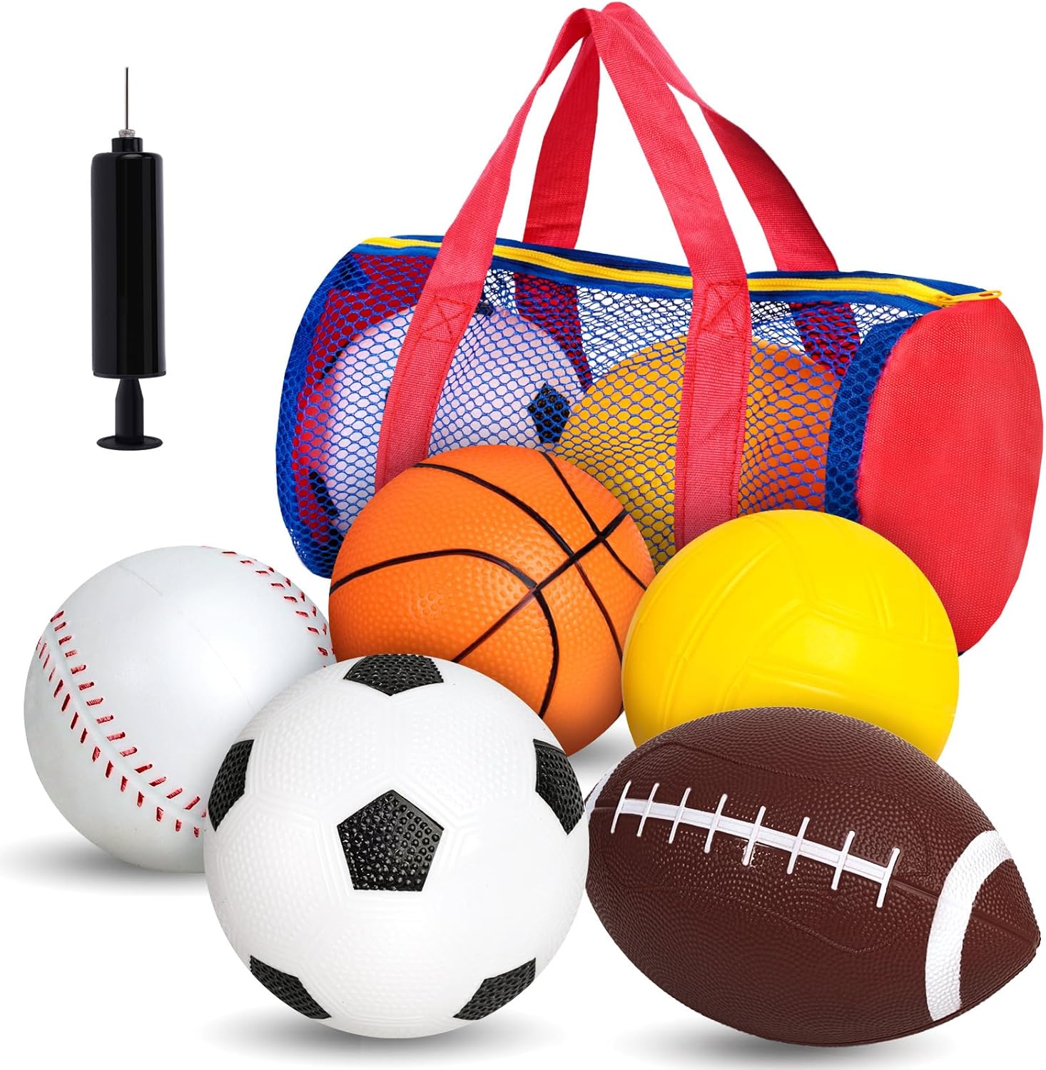 LovesTown 5PCS Sports Balls with Pump, 4″ Inflatable Playground Balls with Duffle Bag Soccer Football Baseball Volleyball Basketball for Toddlers Kids