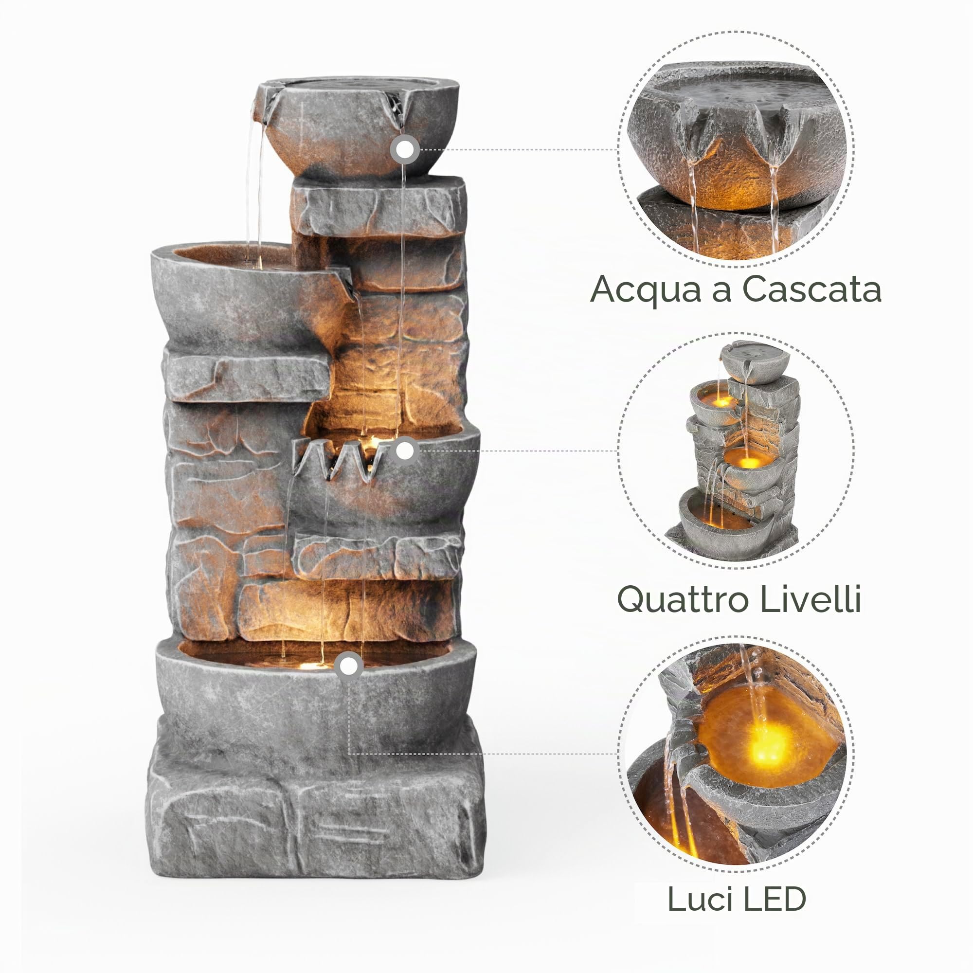 Teamson Home 33.25 Ciotole a cascata e pietre impilate ha condotto una fontana d'acqua esterna