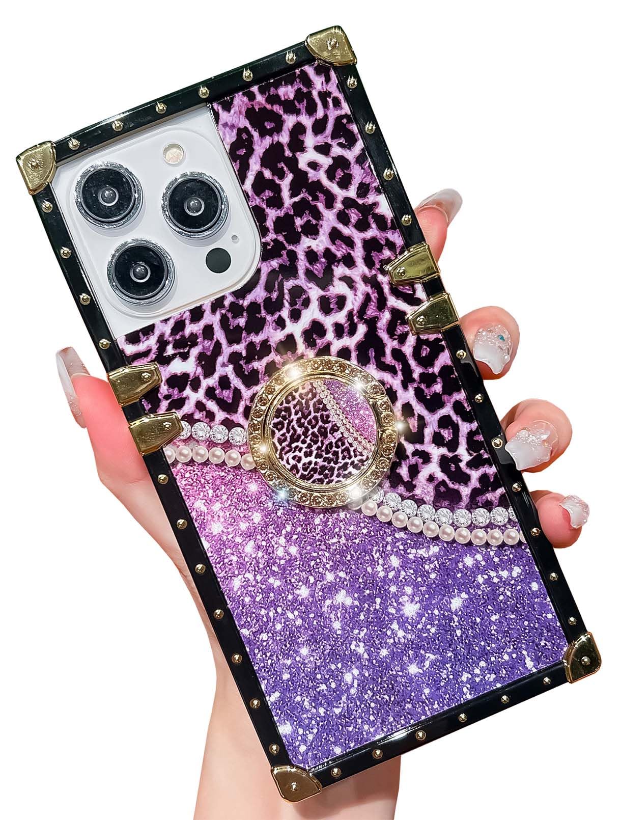 HALATUA Luxury Rectangle Edge Compatible with iPhone 13 Pro Max Case, Diamond Kickstand Holder Leopard Pattern Soft TPU Mil-Grade Shockproof