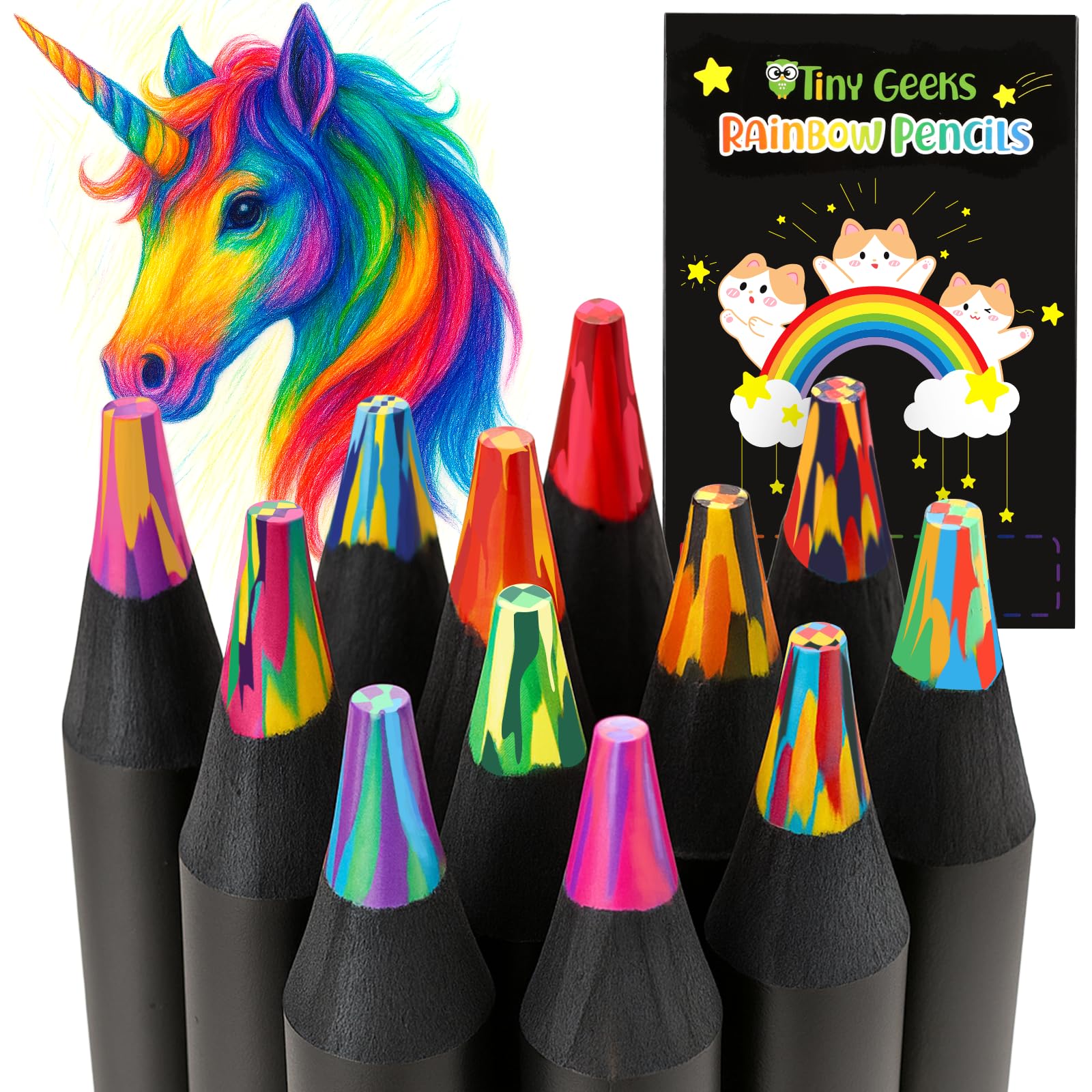 TinyGeeks 12 Rainbow Colored Pencils - Rainbow Crayons - Multi Colored Pencils - Art Supplies for Kids 8-12, Gifts for 5-12 Year Old Girl Birthday, Arts and Crafts, Stocking Stuff for Girl