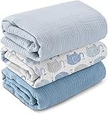 GLLQUEN BABY Muslin Swaddle Blankets,3-Pack Receiving Blanket for Newborn Boys and Girls,Baby Swaddle Blanket Unisex, Elephant,Baby Essentials, Registry & Gift, 40 x 38 inches Blue & Elephant 3-Pack