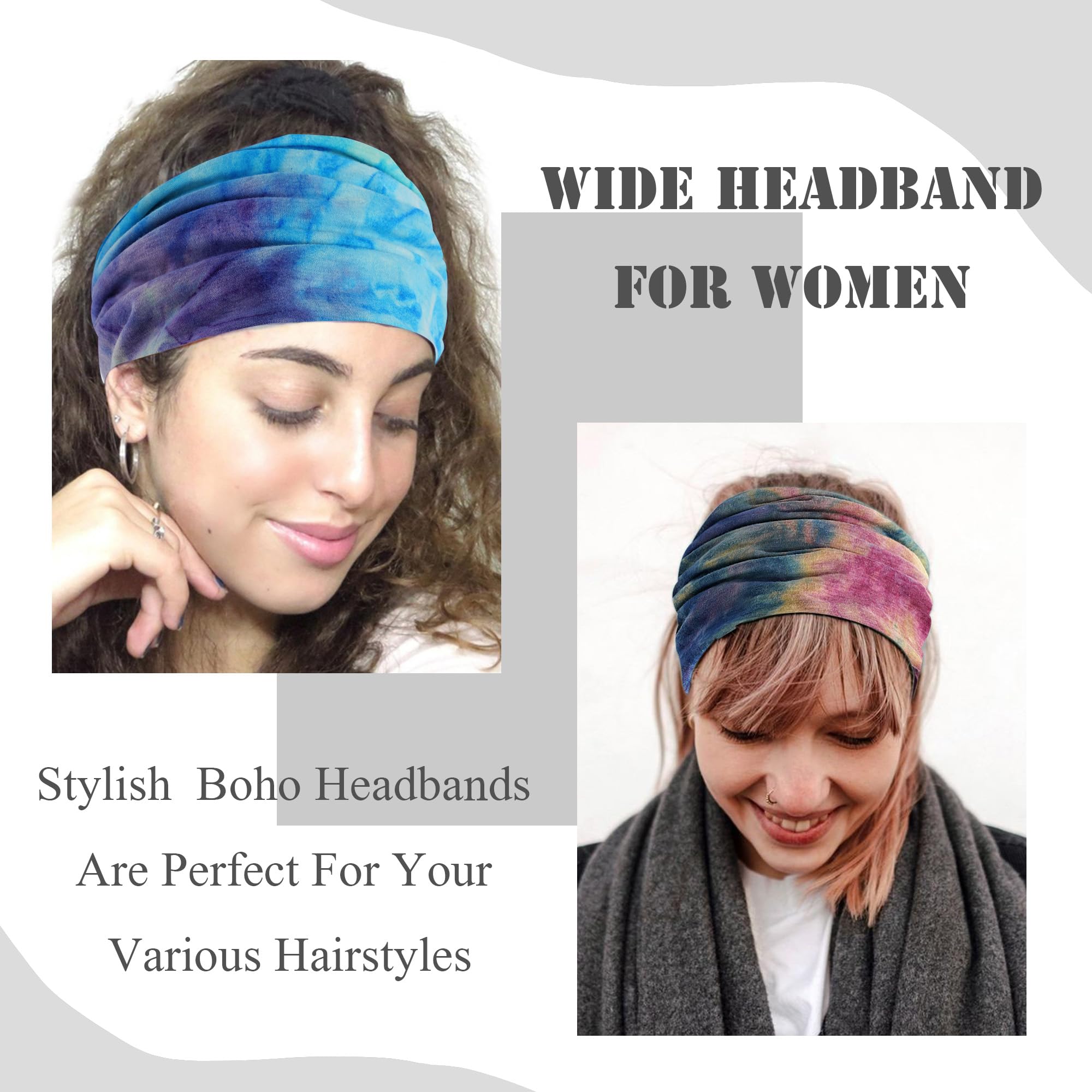 FULZTEY Fasce per capelli bohémien per donne e ragazze, colorate, antiscivolo, con nodo largo, motivo fresco, per sport, atletica, spiaggia, accessori per capelli da donna, 4 pezzi