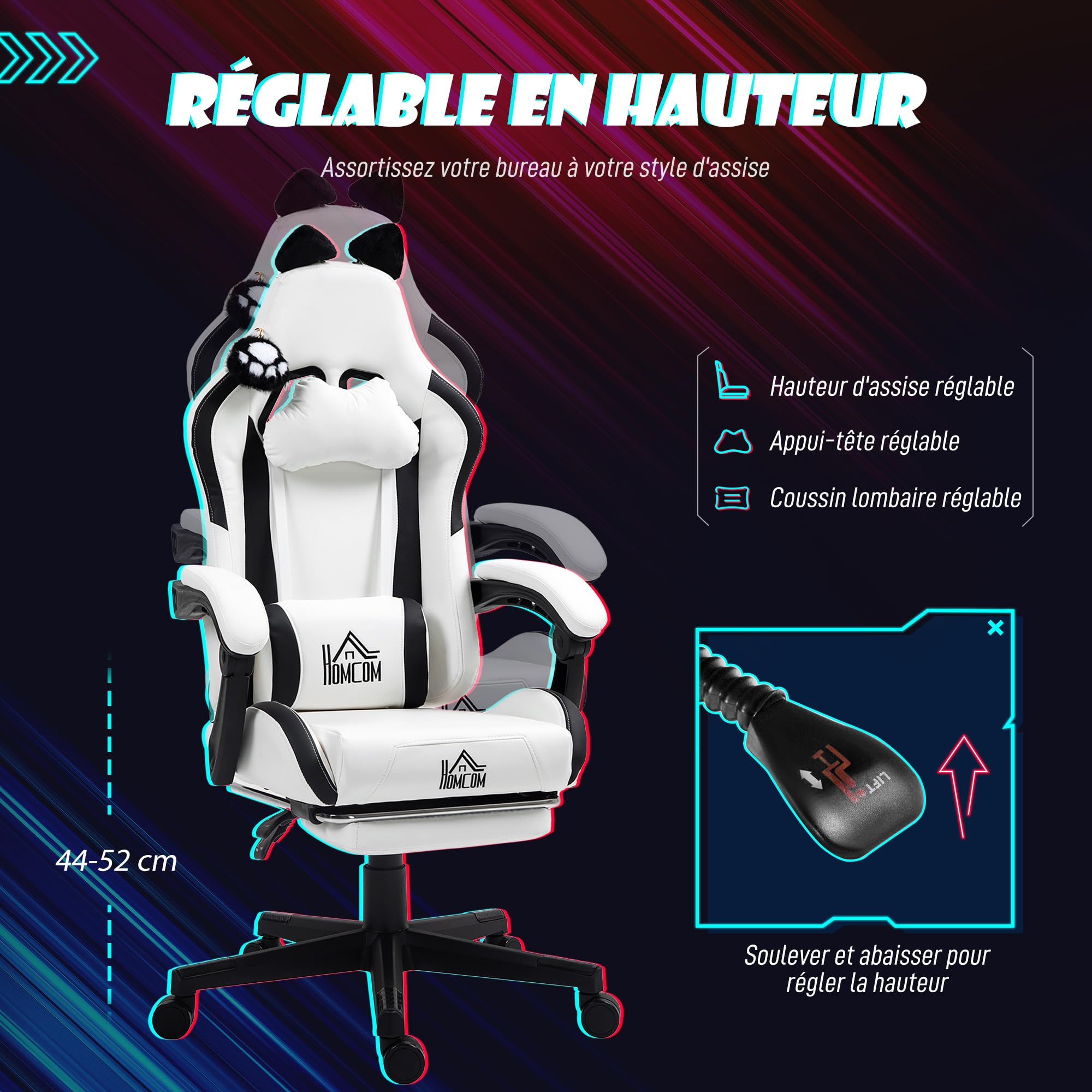 HOMCOM Chaise Gaming Ergonomique avec Oreilles de Chat Fauteuil Gamer Blanc