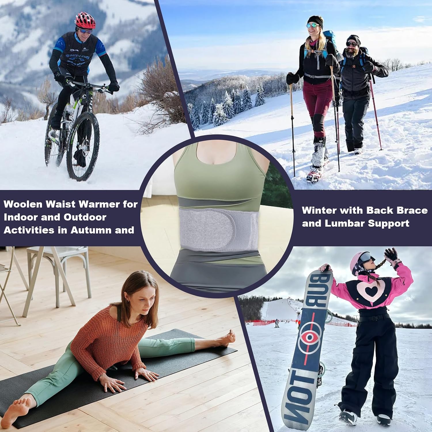 Wool Waist Warmer, Elastic Lumbar Support with Adjustable Hook-and-Loop Fastener for Belly and Back Support
