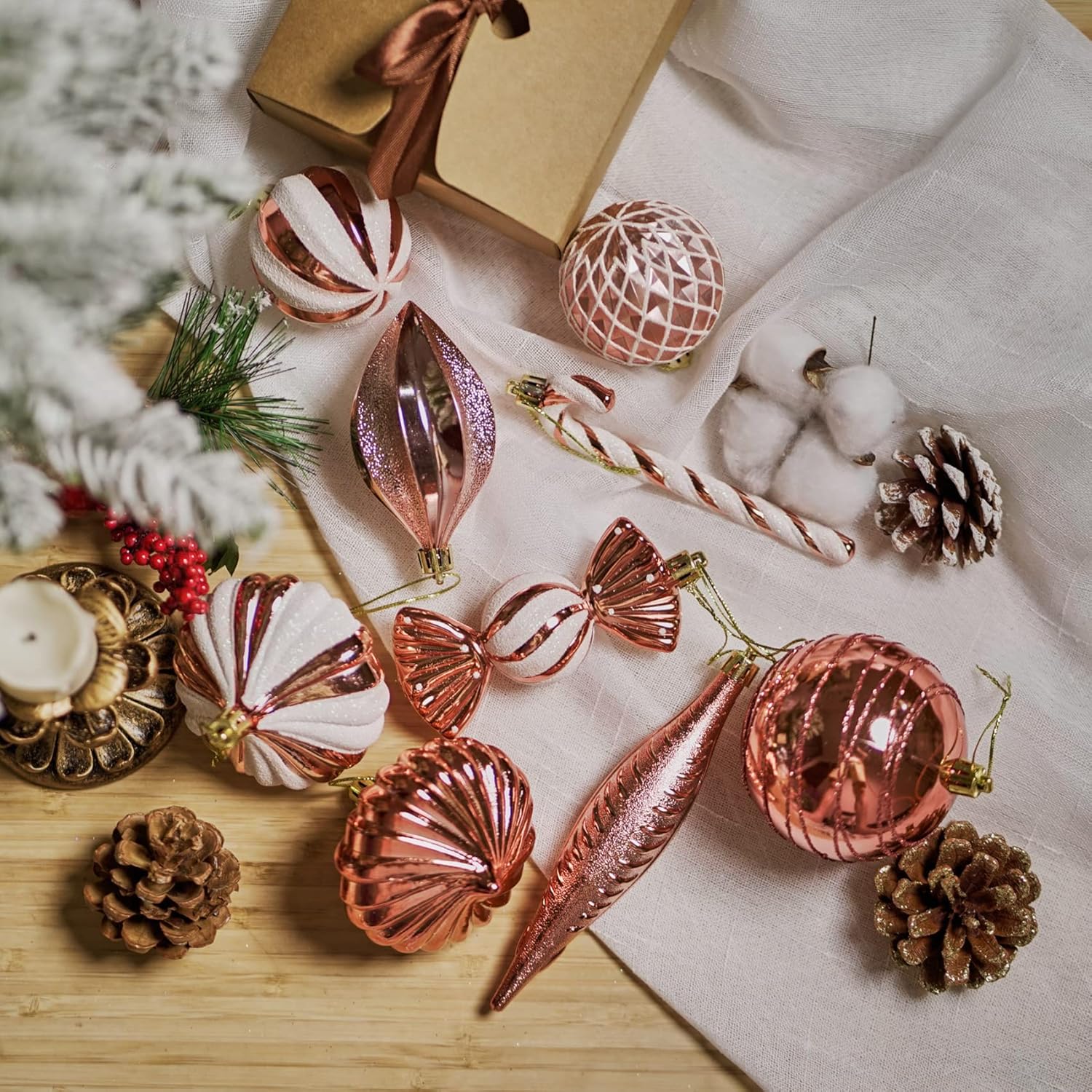 Christmas Ball Ornaments Shatterproof Plastic Tree Ornaments 24 PCS Shaped Styles Xmas Tree Holiday Decor,Rose Gold - Image 3
