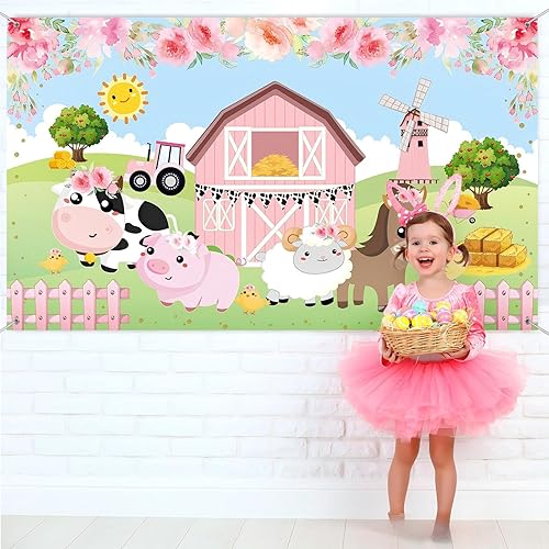 Miniatura 7 de Tatuo Pancarta de fondo de decoración de cumpleaños de granja rosa, tamaño grande, 3.6 x 6 pies, pancarta de fondo de animales de granero para baby