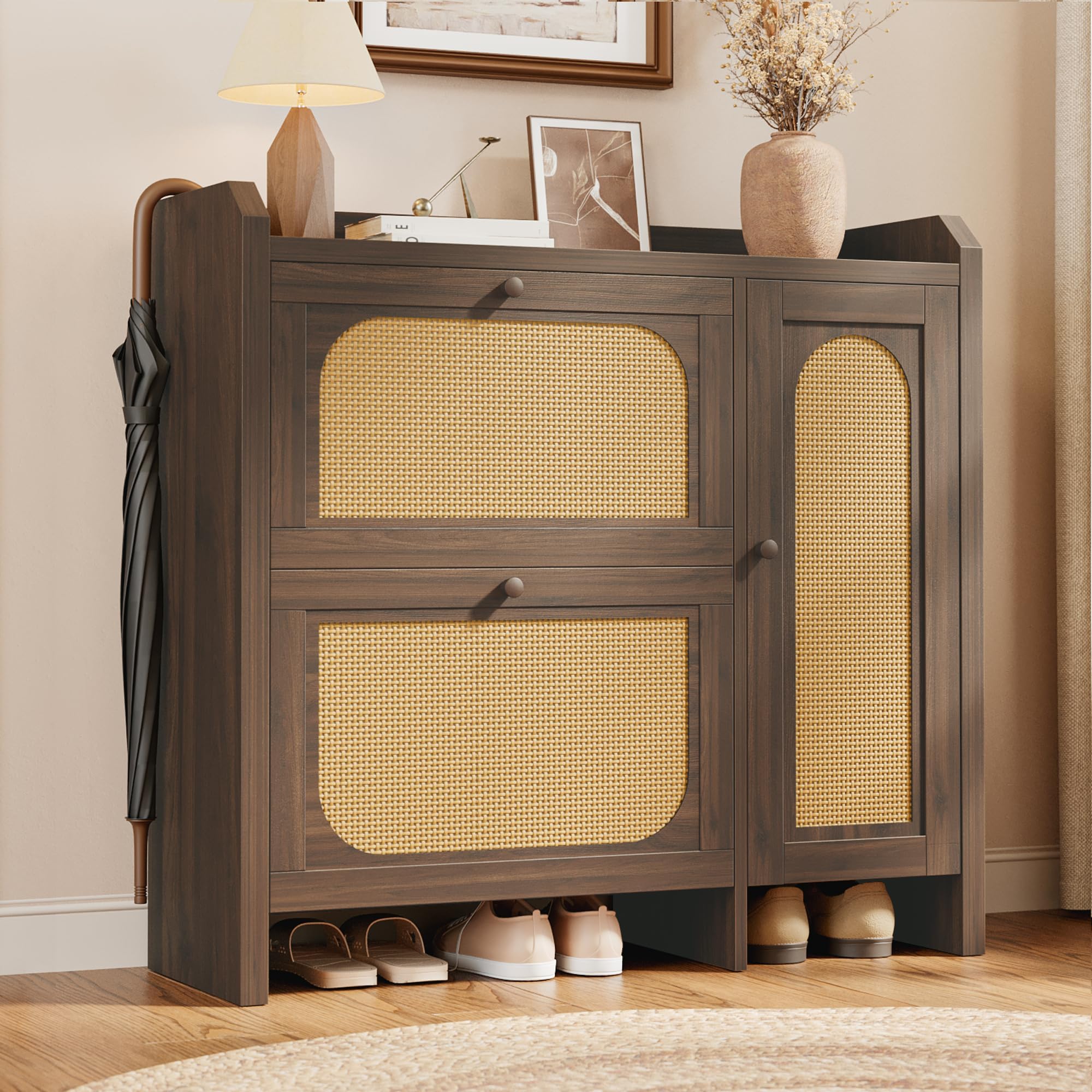 Mericonia Shoe Cabinet Storage for Entryway with 2 Flip Drawers(3-Tier), Rattan Freestanding with Door & 3 Adjustable Shelve,Hidden Shoe Rack Organizer for Hallway, Foyer