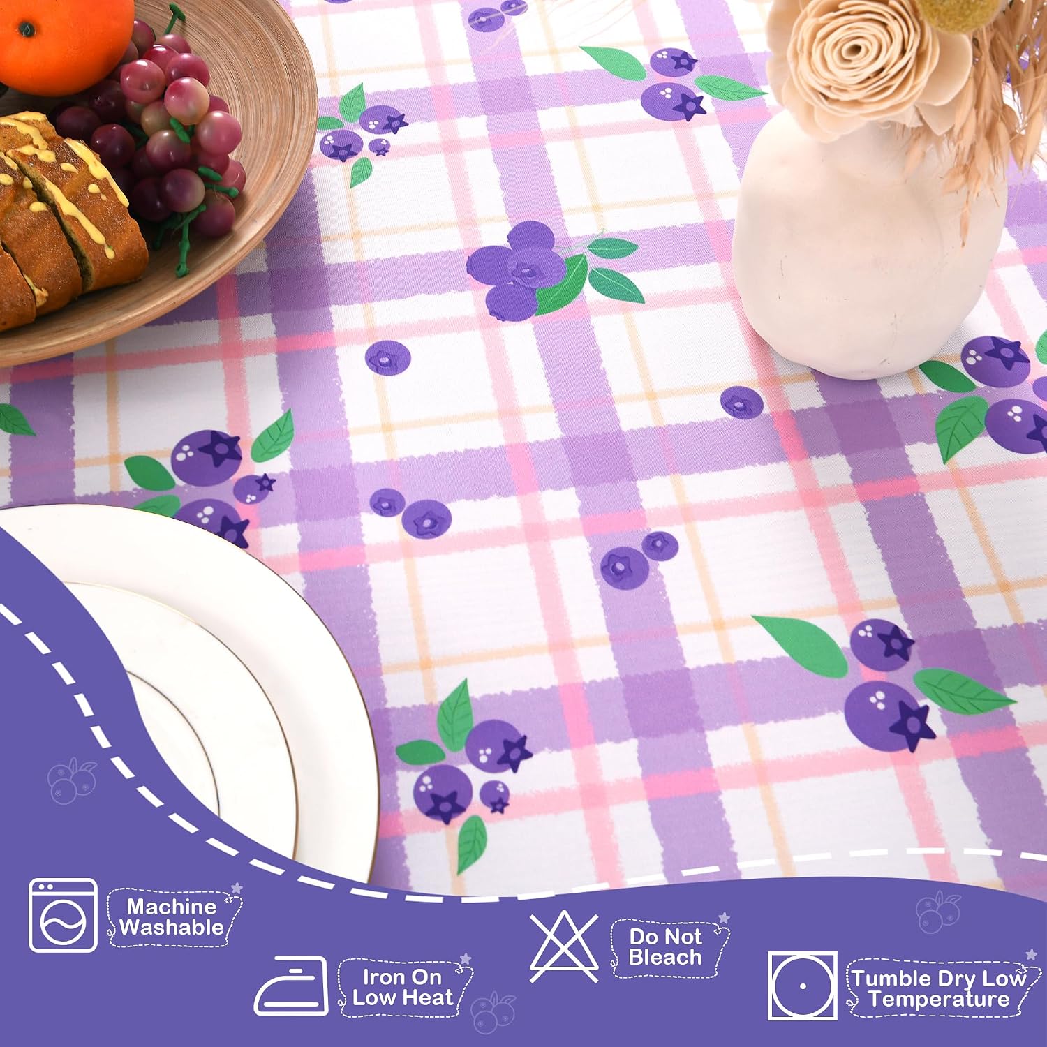 DWCN Purple Gingham Tablecloth 52×70 Inch Rectangle with Blueberry Print image 4