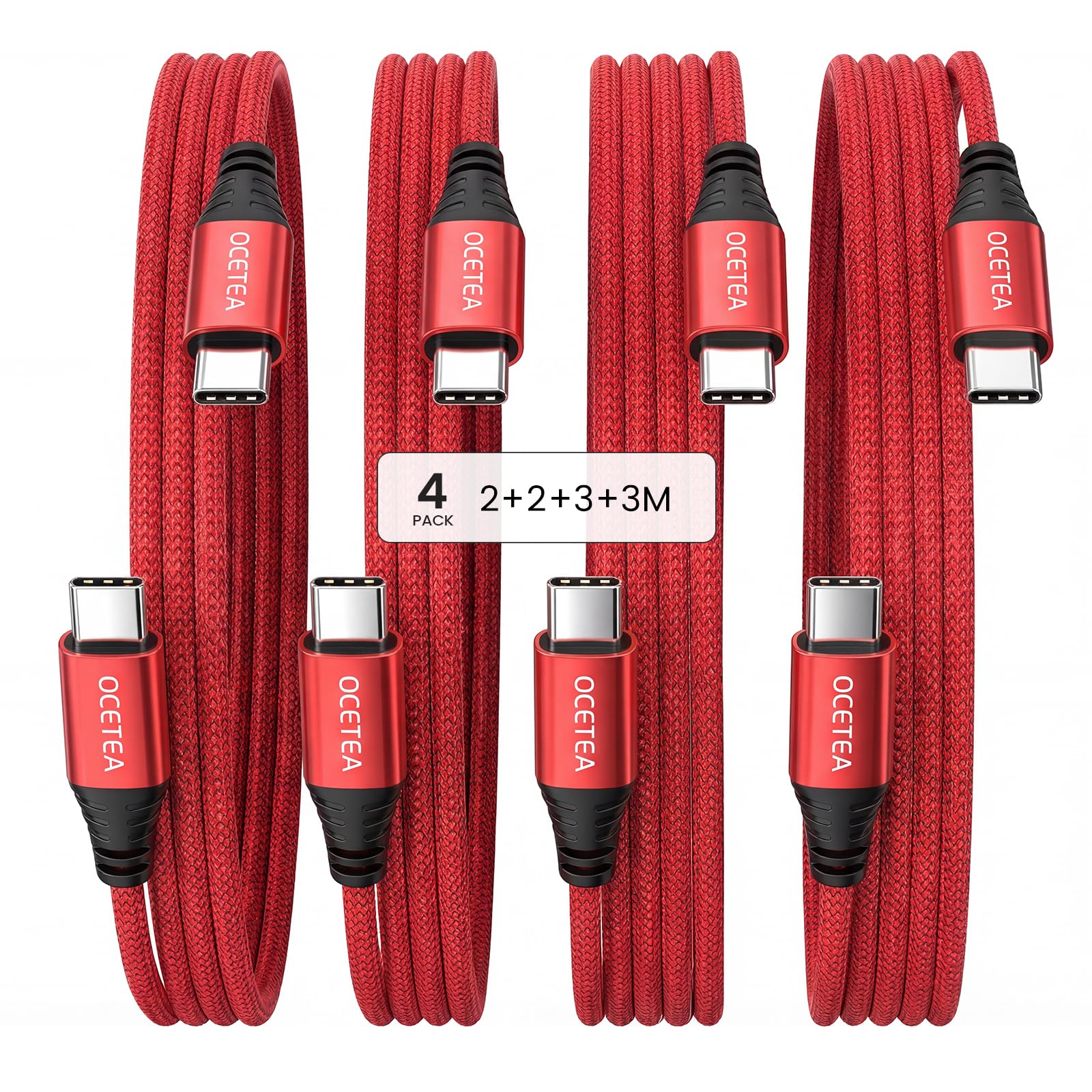 Ocetea 60W USB C Kabel, [4er Pack, 2M 2M 3M 3M] USB C auf USB C Kabel Set, PD 3.0 Schnellladekabel USB C Kompatibel mit iPhone 16 15 Pro Max, MacBook Pro Air, iPad Pro Air, Galaxy S24 S23, Pixel, Rot