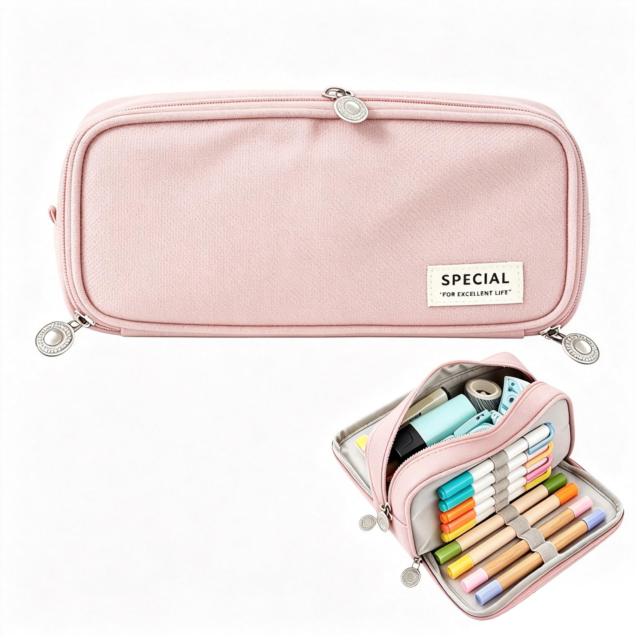 Pink Pencil Case for Girls Secondary School,Pencil Cases with Compartments,Pencilcase Large Capacity,Aesthetic Special Pen Pouch,Durable Stationery Organizer Case with 3 Partitioned & Zipper for Girl