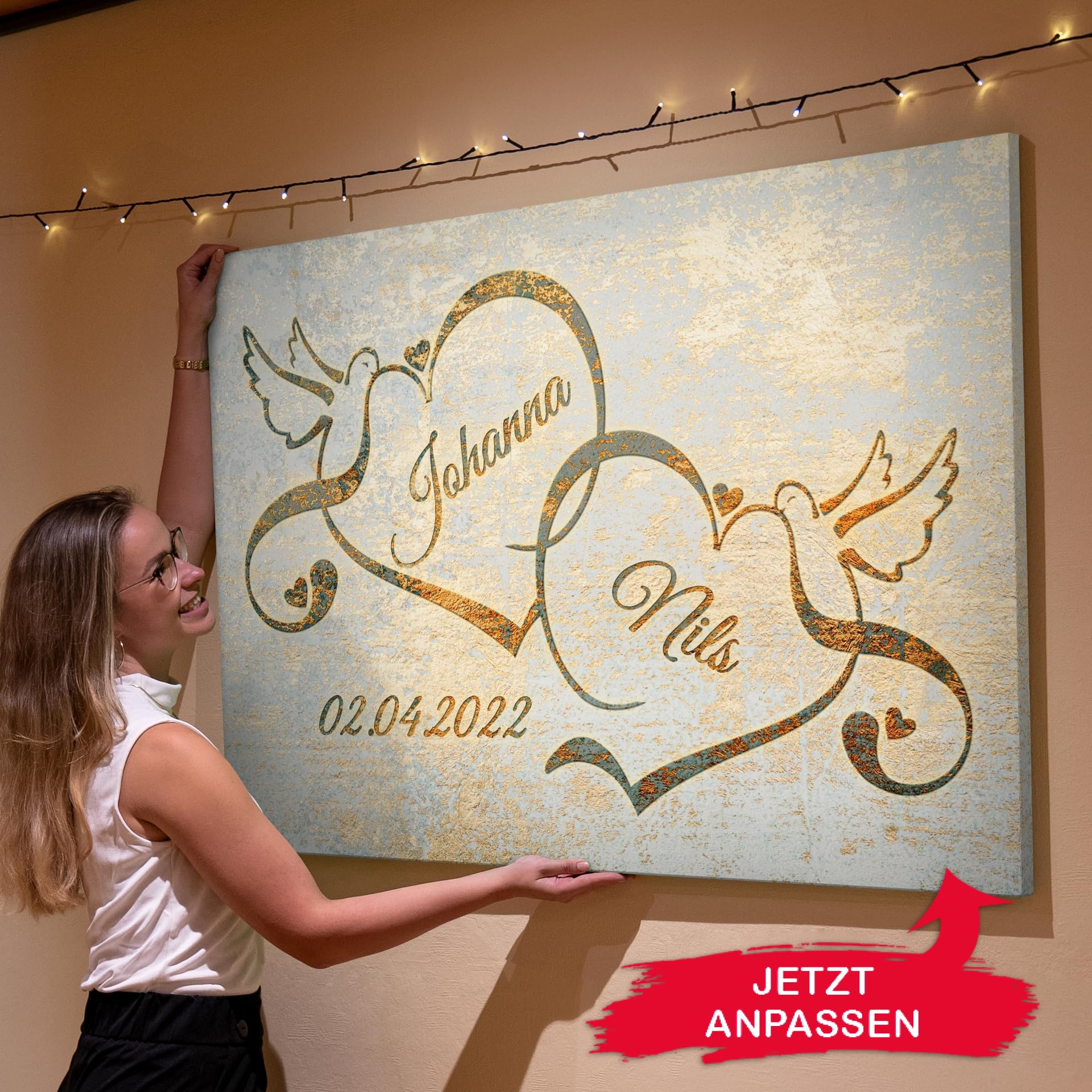 Liebesleinwand Leinwandbild personalisiert | Leinwand gestalten mit Namen und Datum Geschenk für Partner | Liebesvögel