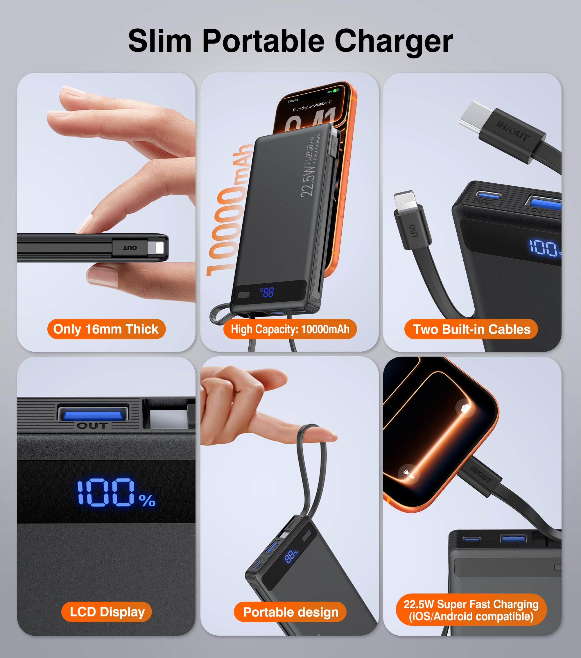 Banco de energía con cables dobles integrados, carga rápida de 10000 mAh, cargador portátil PD de 22.5 W con pantalla de nivel de batería y 4 puertos, compatible con iPhone 17/16/15/14, dispositivos