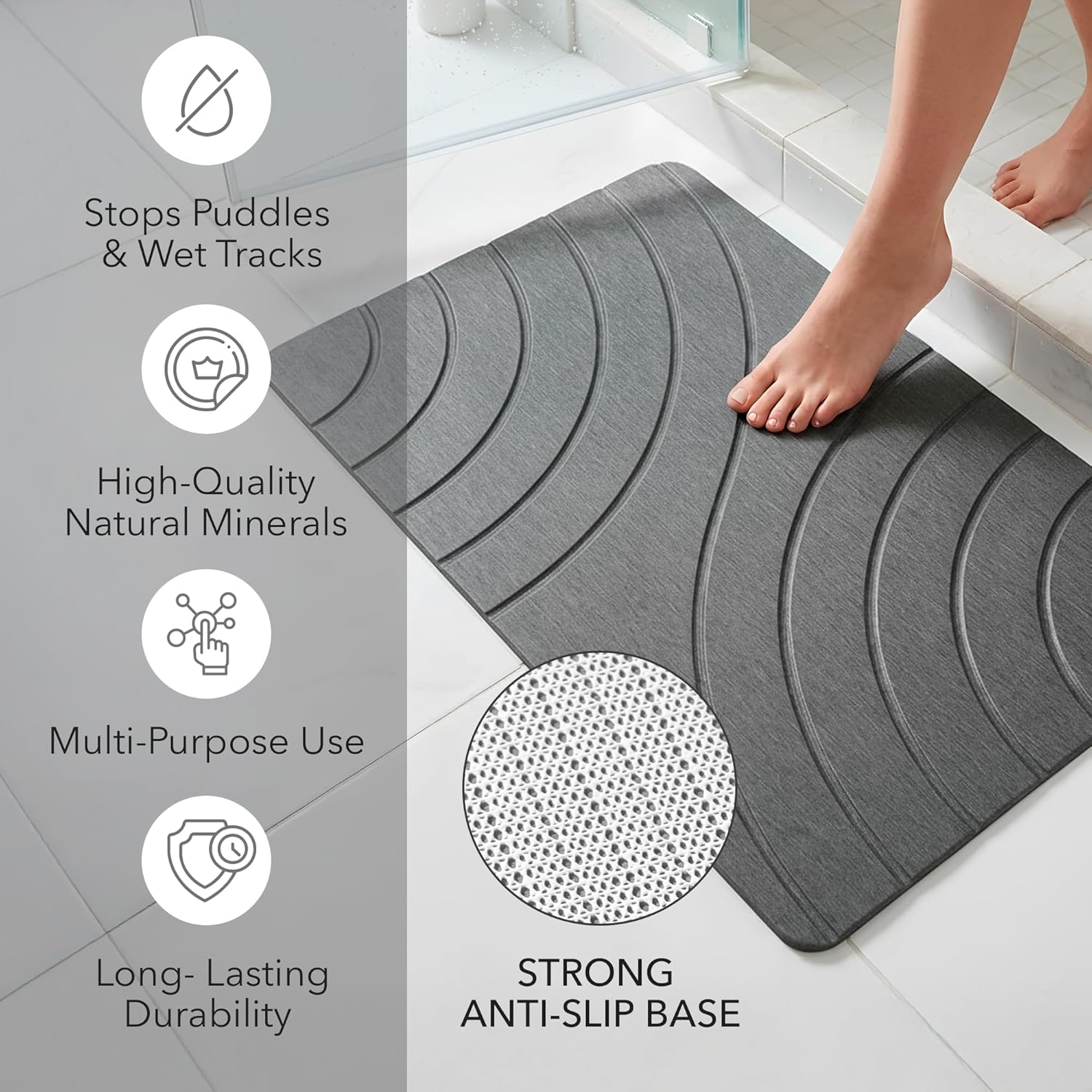 KAMALAN 32x20 Large Stone Bath Mat, Diatomaceous Earth Non-Slip Stone Shower Mat, Quick Drying,Absorbent Diatomite Bathroom Mat, Elegant and Modern Design, Grey (StormGrey)