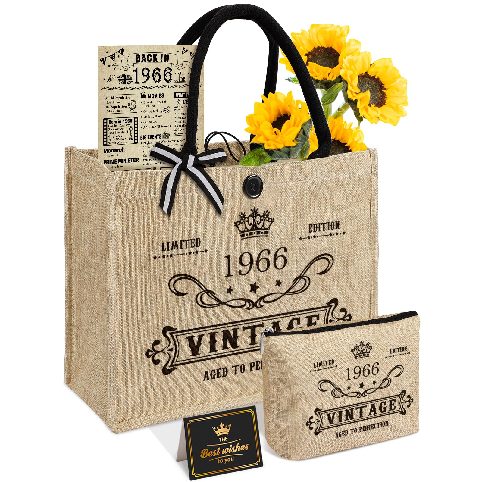Amosking 60th Birthday Gifts for Women Jute Tote Bag, Vintage 1966 Burlap Handbag with Cosmetic Bag and Back in 1966 Poster, Unique 60 Years Old Gifts for Mum Friends Wife Sister Her โ image 1