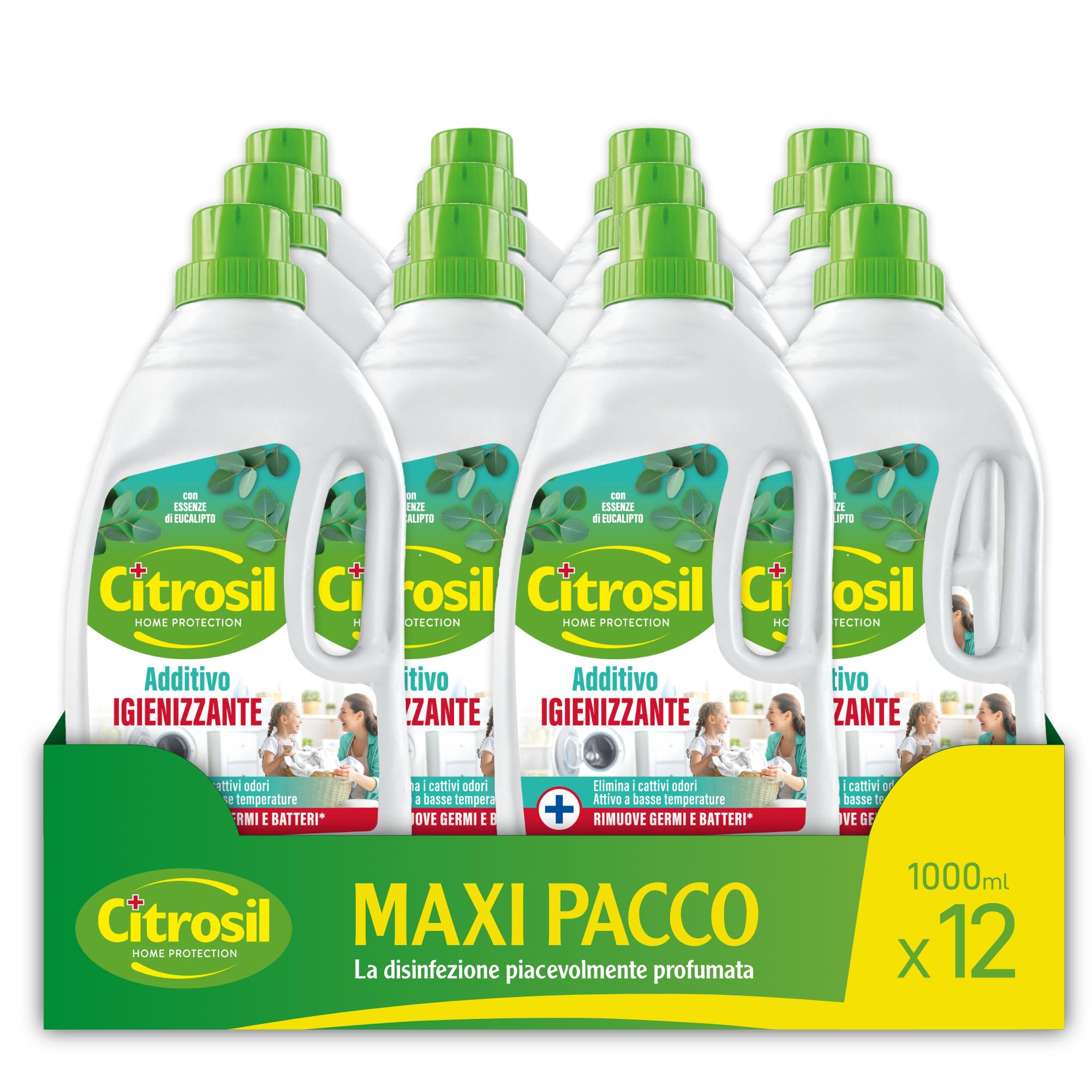 Citrosil - Additivo Disinfettante Liquido per Lavatrice e Bucato a Mano, con Vere Essenze di Agrumi, Azione Igienizzante e Disinfettante, Adatto per Capi Bianchi e Colorati, 1000 ml x 12 Confezioni | Additivo igienizzante: igienizza in profondità il bucat