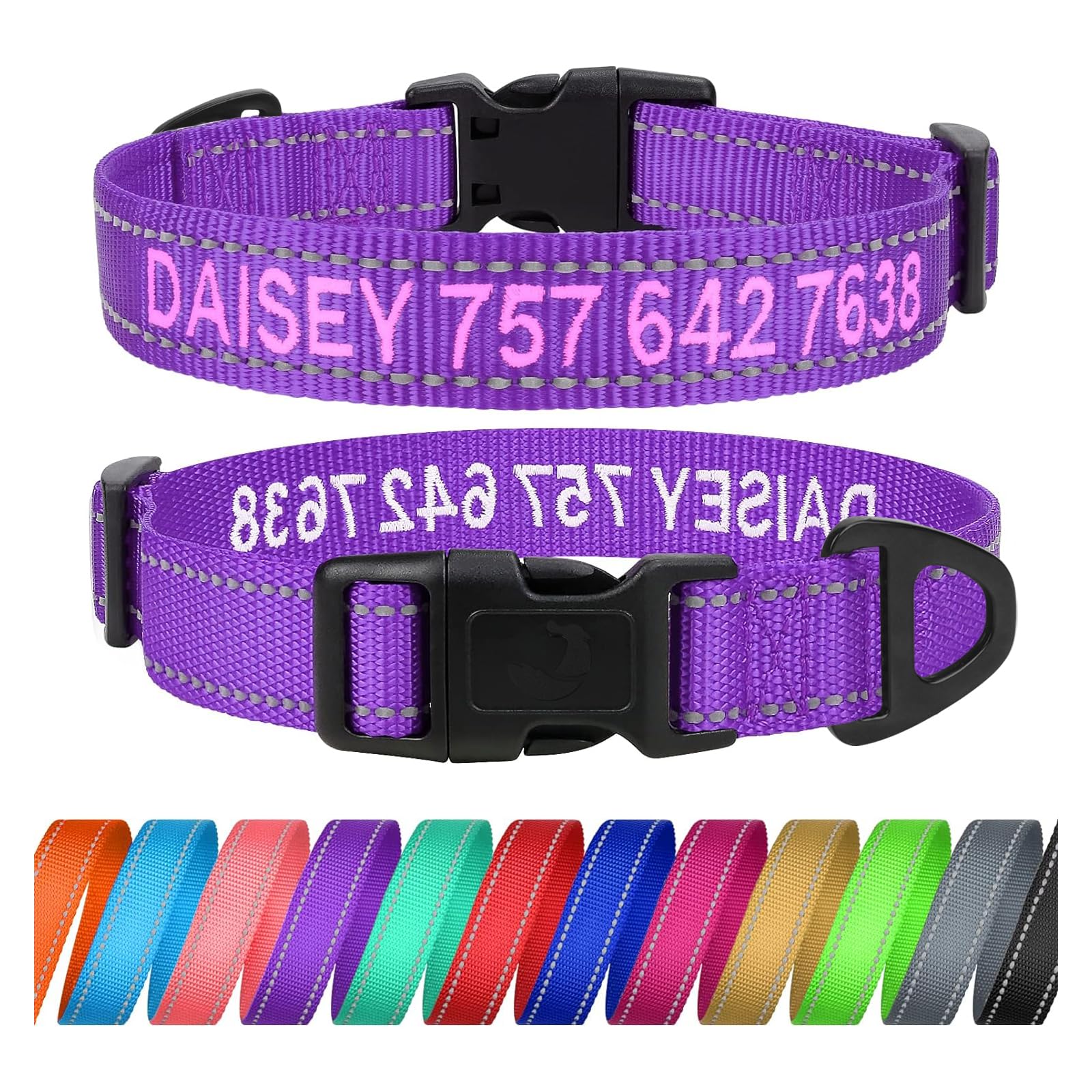 TagME Personalized Dog Collar with Name, Embroidered Custom Dog Collars with Pet Name and Phone Number for Small Dogs, Purple