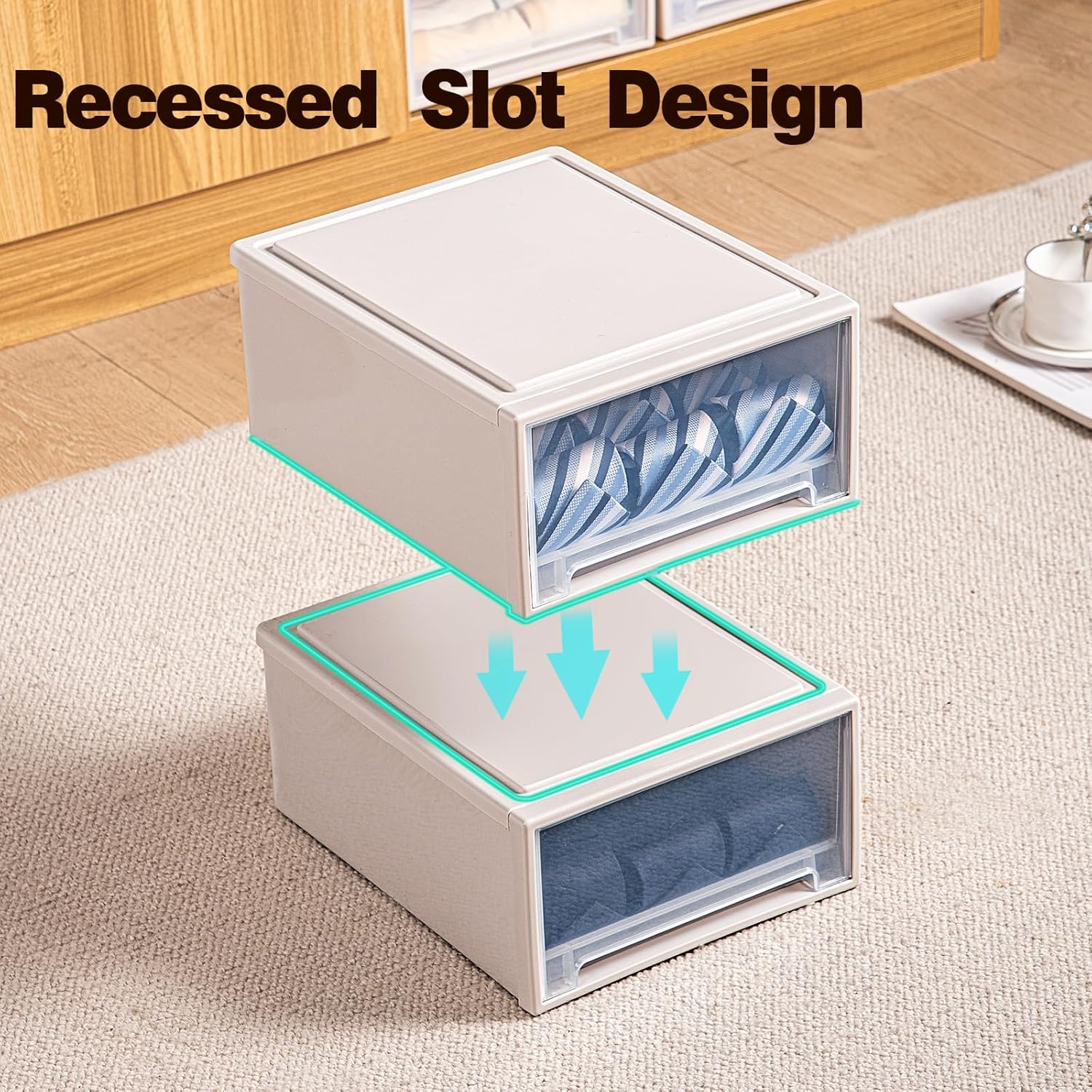 6 Packs Nursery bins,baby socks,underwear container,Clear drawer box,stackable drawer shoe boxes,plastic shoe rack,suitable for American women's and babies' size 10 and smaller size