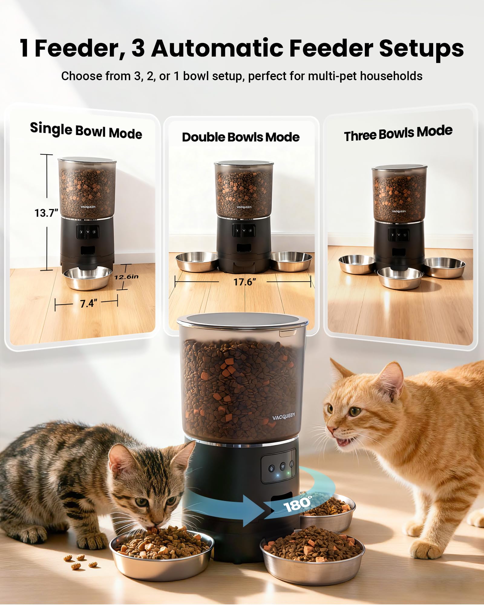 Automatic Cat Feeder for 3 Cats, 6L/25 Cup Cat Food Dispenser with Strong Anti-Jam System, Dual-Effect Desiccant, Smart WiFi App Control Pet Feeder, Automatic Dog Feeder for Cats and Small Dog