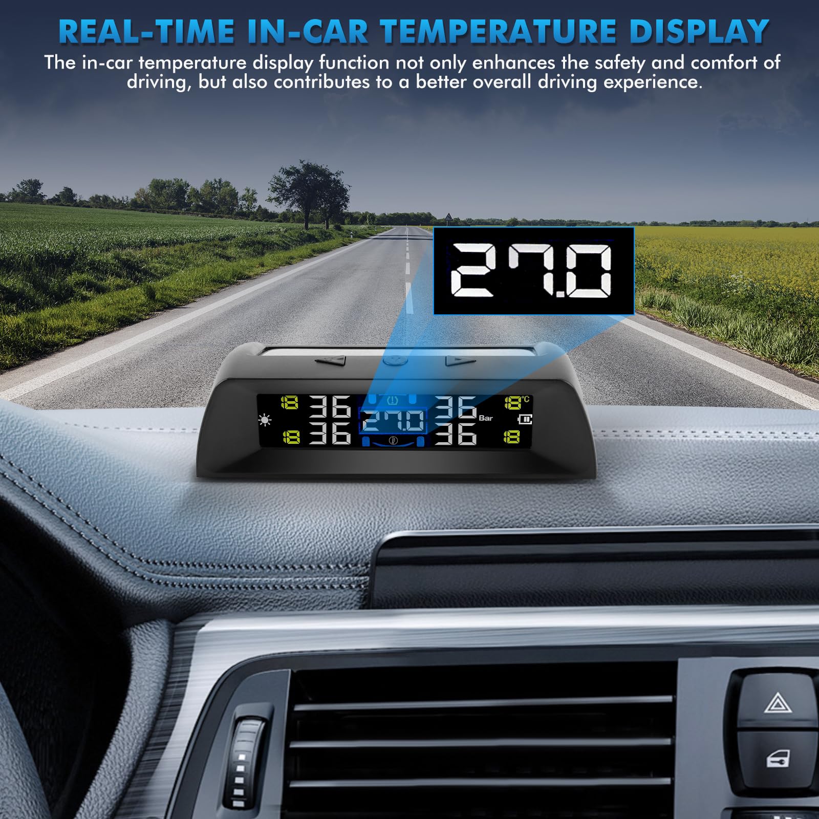 KAOLALI Sistema di Monitoraggio della Pressione dei Pneumatici, Visualizza La Temperatura all'Interno della Vettura TPMS, 6 modalità Allarme, con 4 Sensori Pressione Pneumatici (0-72 PSI)