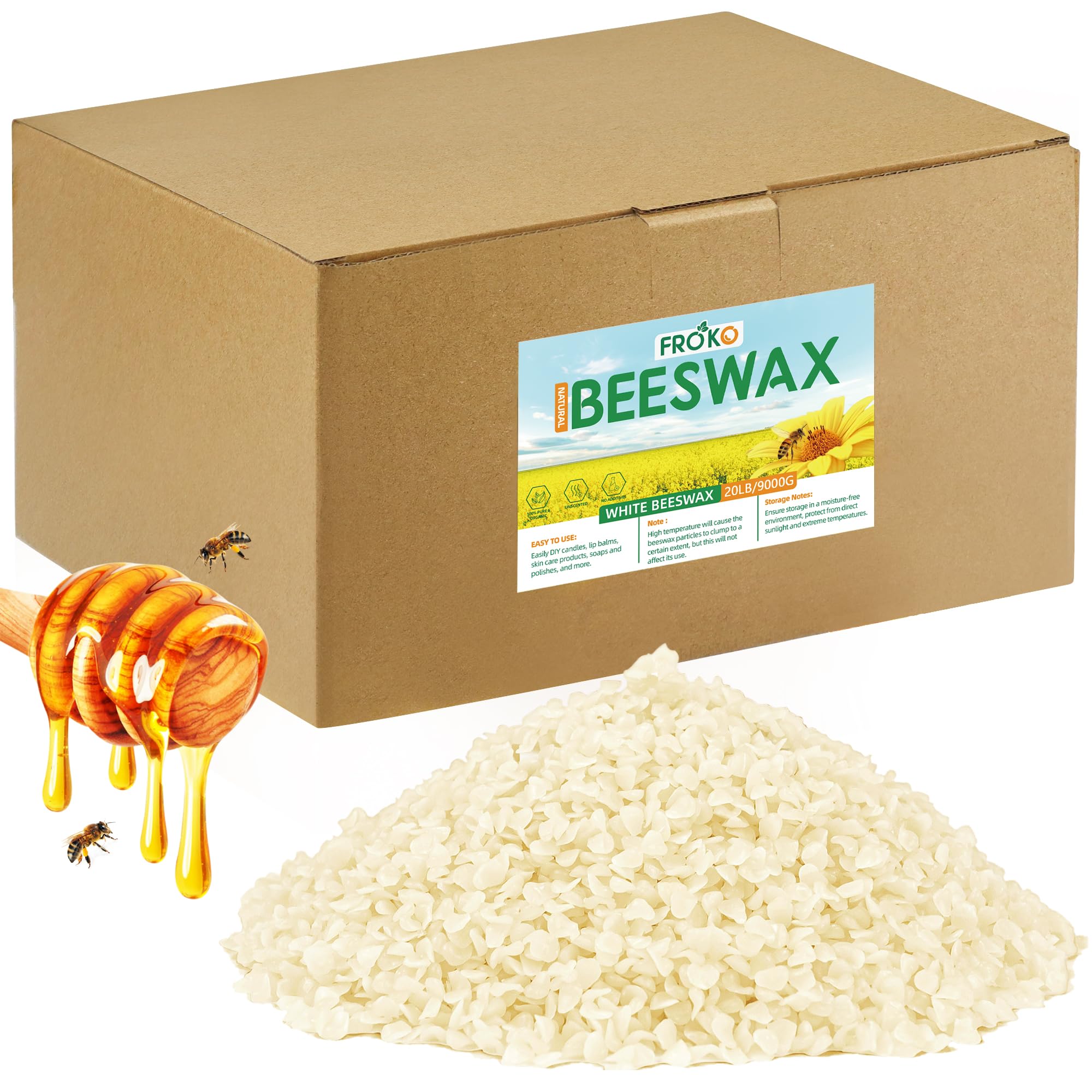 FROKO White Natural Beeswax Pellets 20LB, Organic Beeswax, Beeswax for Candle Making, Body, Skin Care DIY, Lip Balm, Soap and Lotion Making Supplies