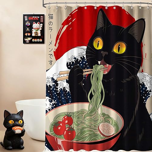 Miniatura 11 de Divertida cortina de ducha con diseño de gato japonés para juegos de decoración de baño, tela de tela impermeable con ganchos, 70 x 72 pulgadas