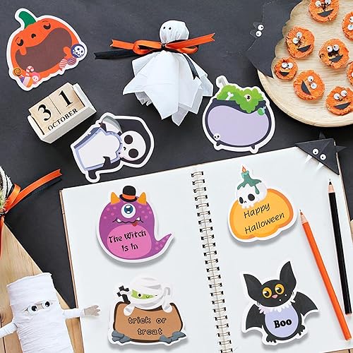 Miniatura 6 de Xqumoi Paquete de 30 notas adhesivas de Halloween, bloc de notas adhesivas de personajes extraños, calabaza, calavera, fantasma, bruja, notas