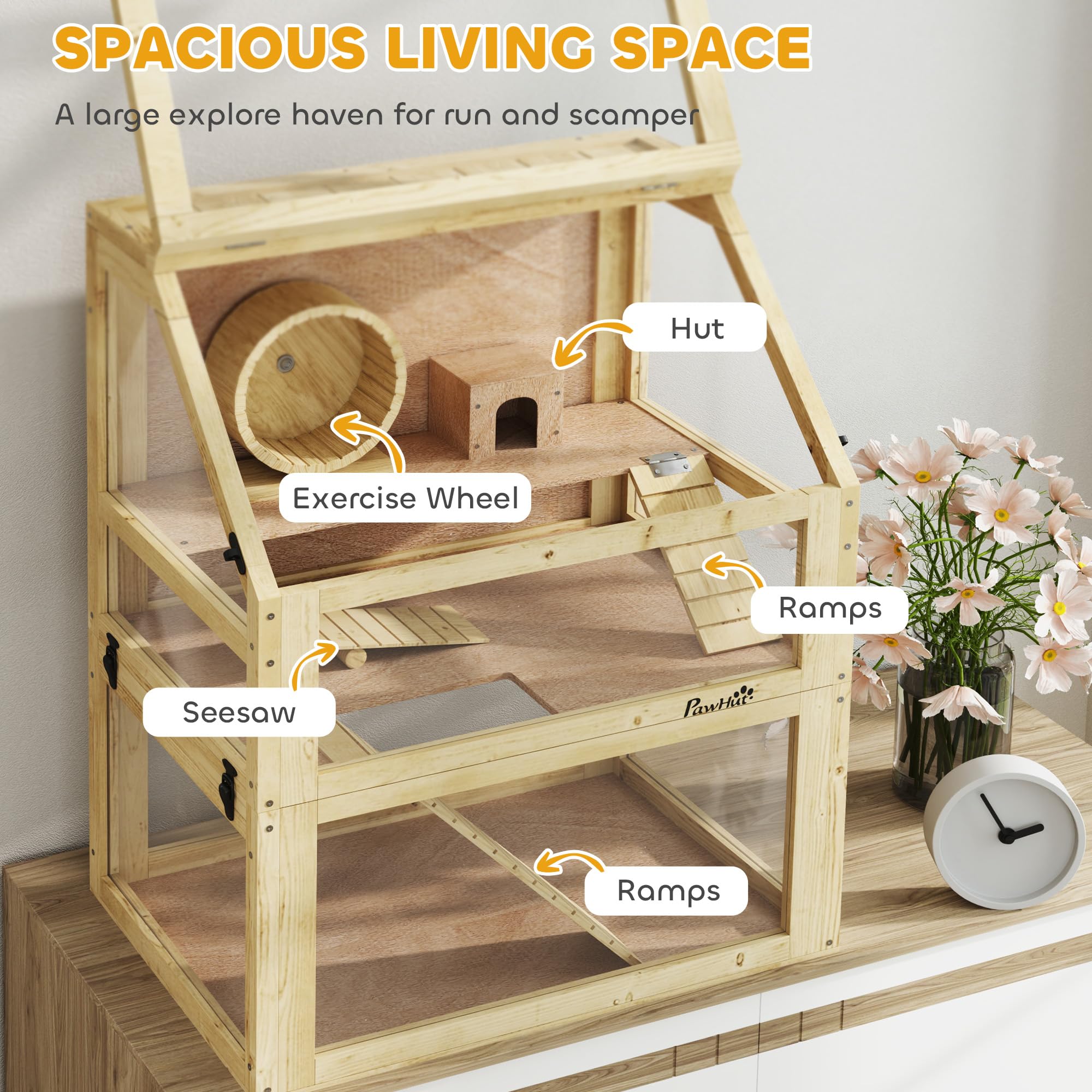 PawHut Jaula de madera para hámster, jaula de jerbo de 3 niveles con fondo desmontable de 32 cm de profundidad, cabaña, balancín, rueda de ejercicio, rampas, acabado de madera natural