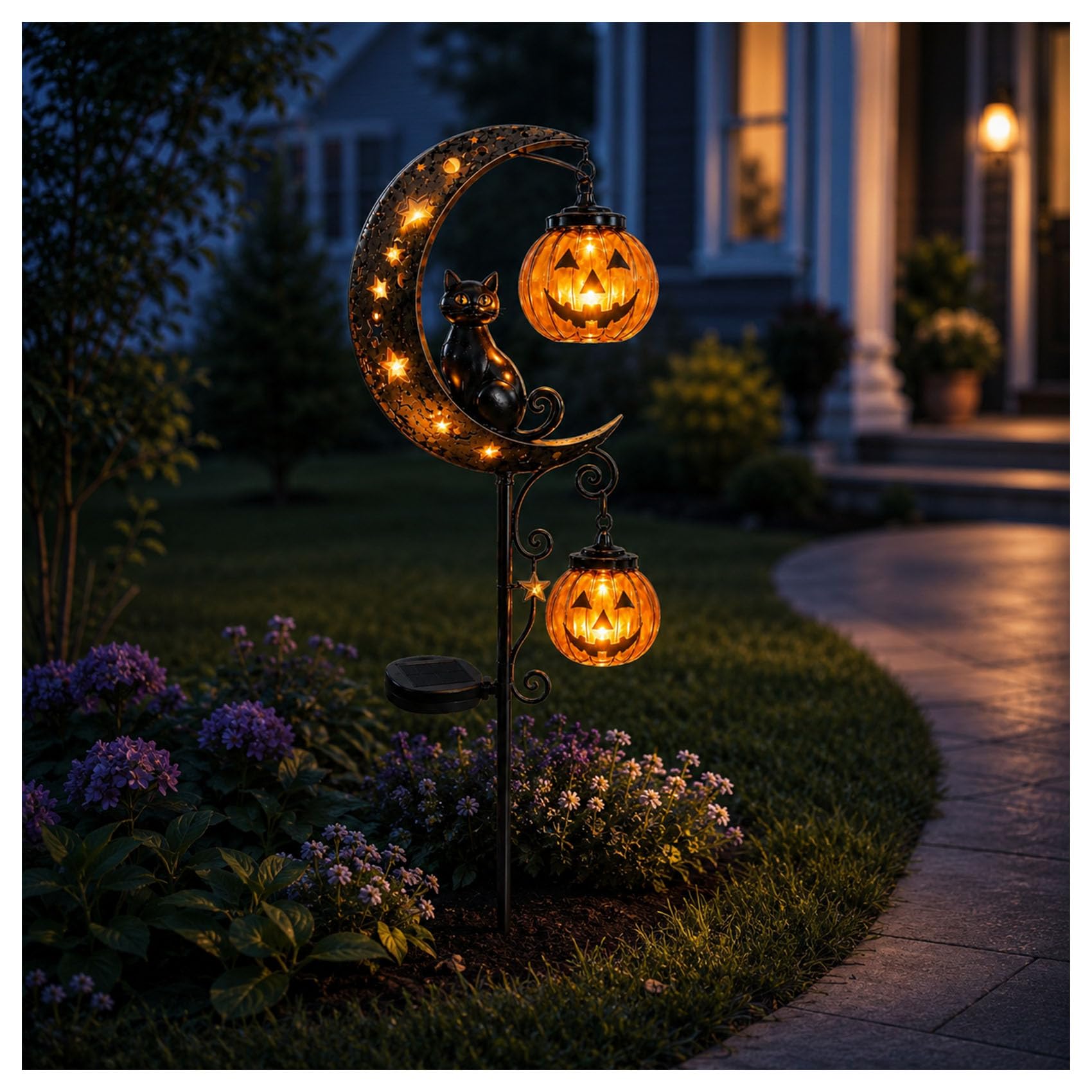 Jeeeun Solar Halloween Black Cat & Pumpkin Moon Garden Stake Light, Waterproof Iron Outdoor Decor for Yard, Lawn, Walkway, Patio and Porch (#B)