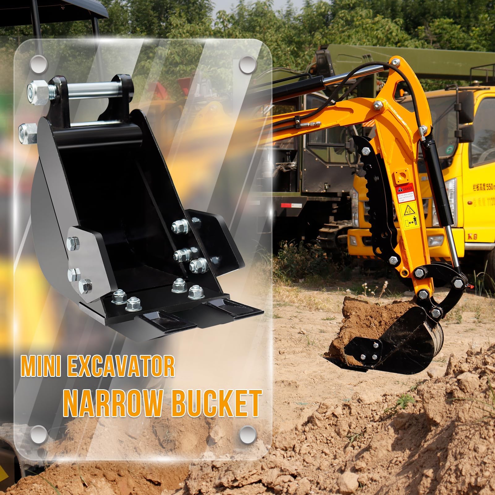 Grabenlöffel 20 cm, Narrow Digging Bucket, Aufnahme 90/25 mm | für Mini Bagger 0,8–1,8 t, Manganstahl verschleißfest, 2 verstärkte Zähne, für Rohrgräben und Landschaftsbau