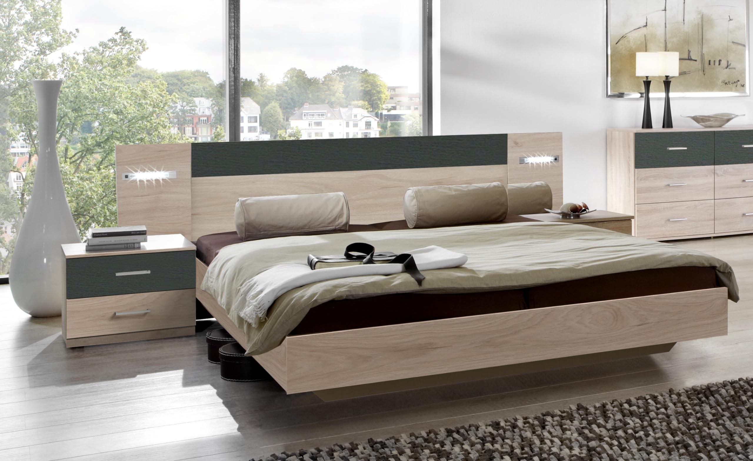 möbelando Komplettschlafzimmer >Angie< in Hickory Oak + Graphit - 519x208x210cm (BxHxT)