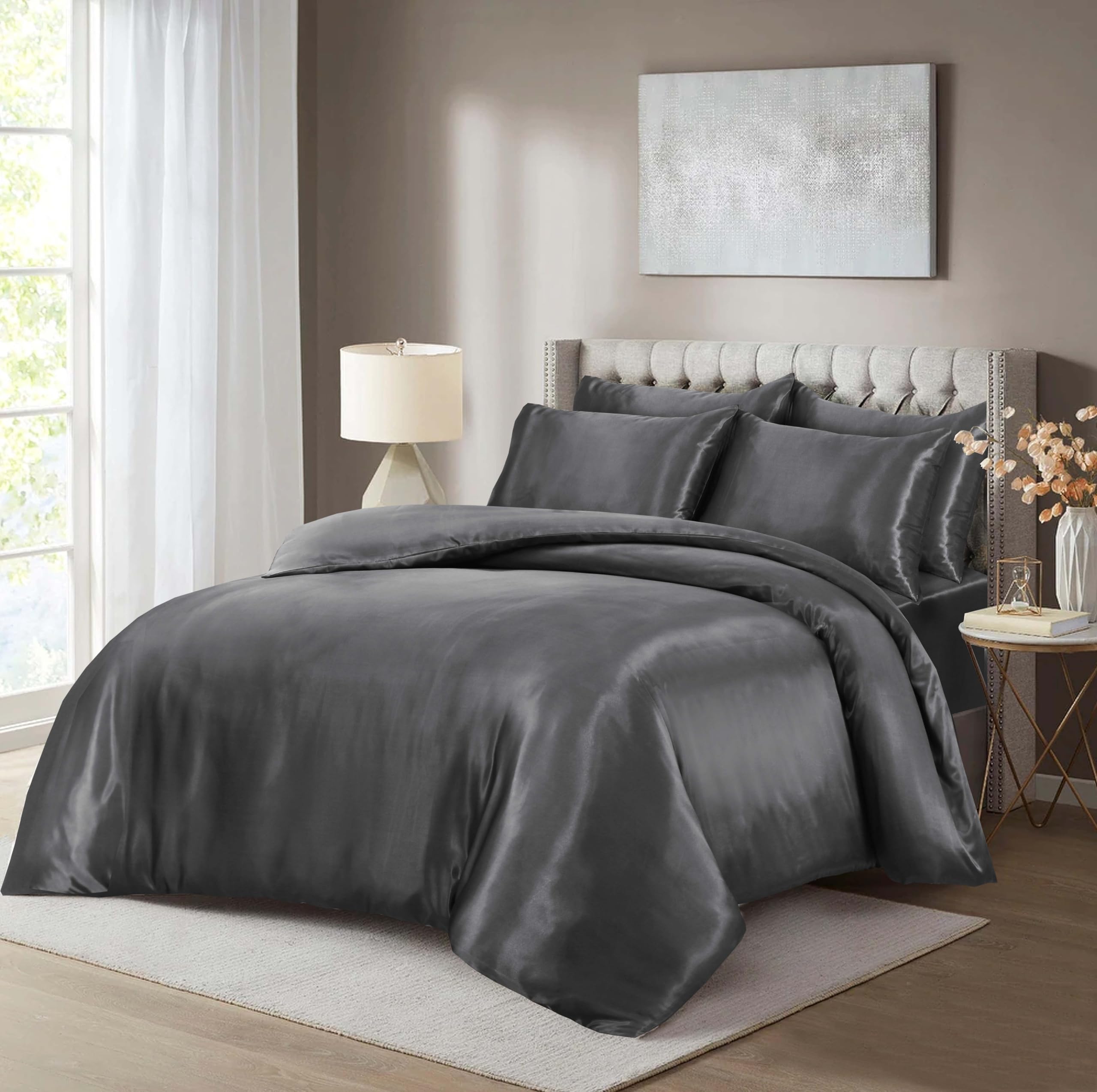 Hadi London Satin Silk 6 Piece Complete Bedding Set including Silky Deep Fitted Sheet Reversible Duvet Cover Comforter & 4 Pillowcases for Single Double King Super King Size Bed (Silver - Image 2
