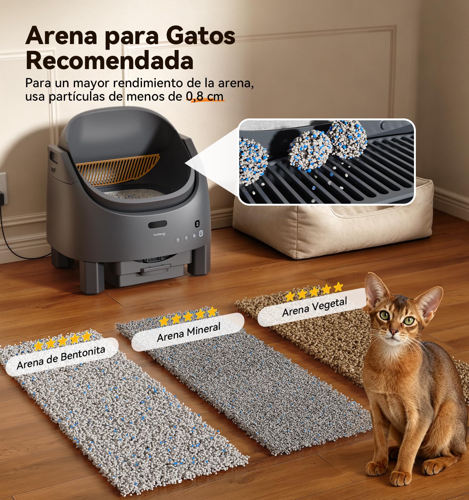 FEELNEEDY Arenero Gatos Autolimpiable | Sistema de Neutralización de Olores para Gatos 1-15kg, Control App & Seguridad Multi-Sensores, Altura de Entrada Regulable