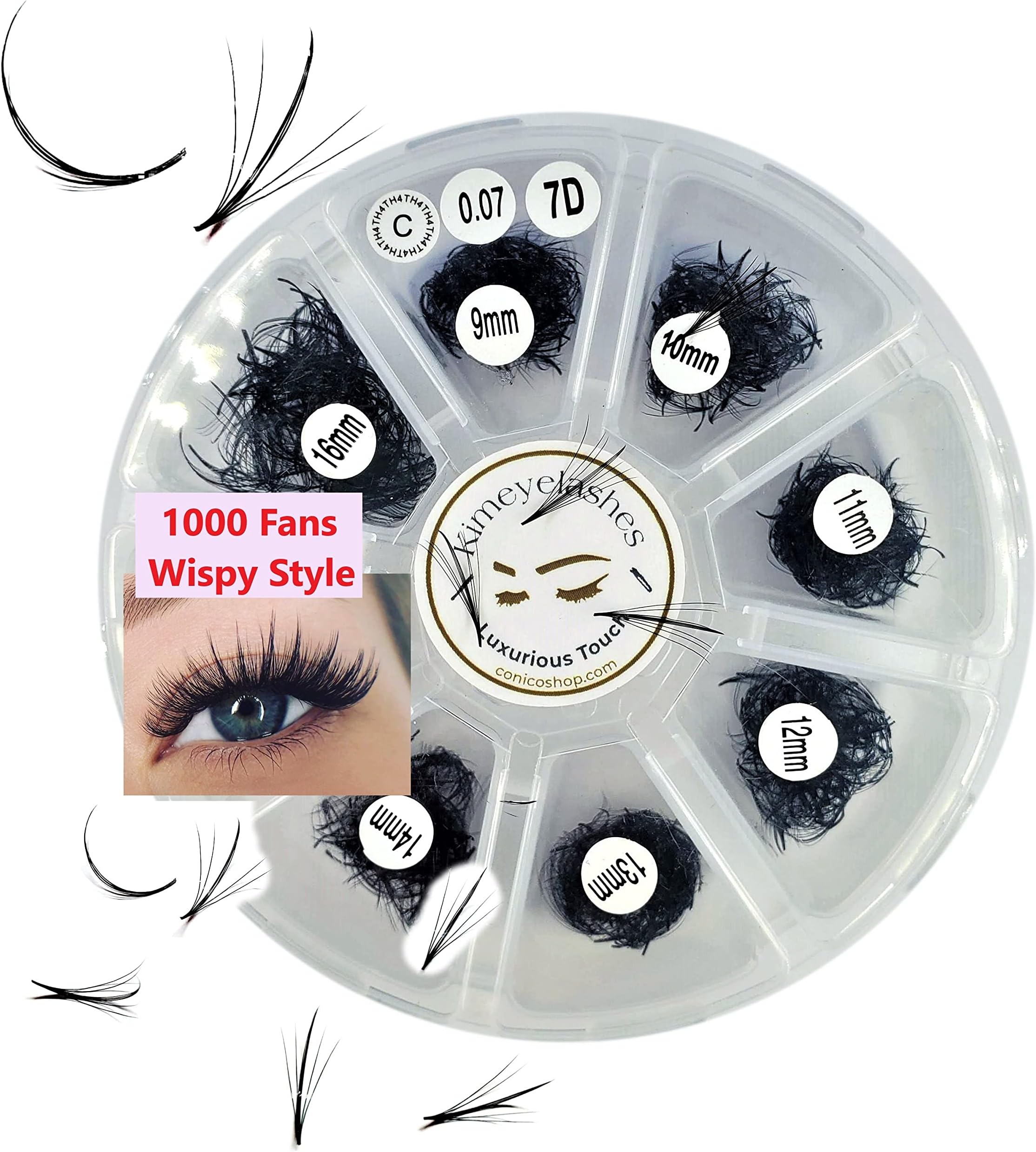 1000 Wispy Premade Fans Eyelash Extensions Mixed Tray 9-16mm C and D Curl 0.07mm and 0.05mm 5D | 7D Promade Fanned Russian Volume KimeyeLashes Extension Supplies Long Stem (Curl D - 0.07-7D)