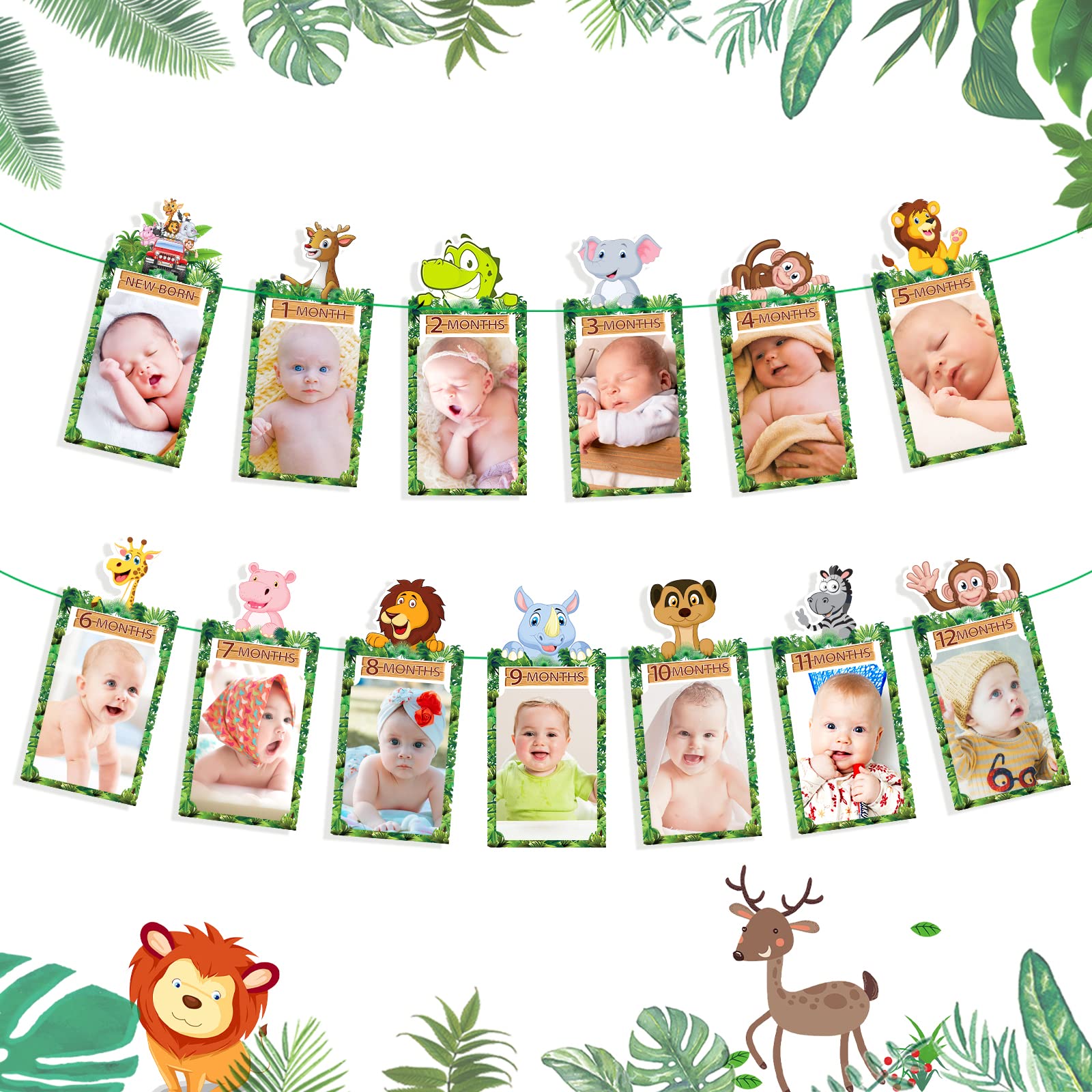 First Birthday Decorations, Safari Wild One Jungle Woodland Milestone Photo Banner Birthdays Decorations, 1st Birthday Photo Banner for From Newborn to 12 Months Baby