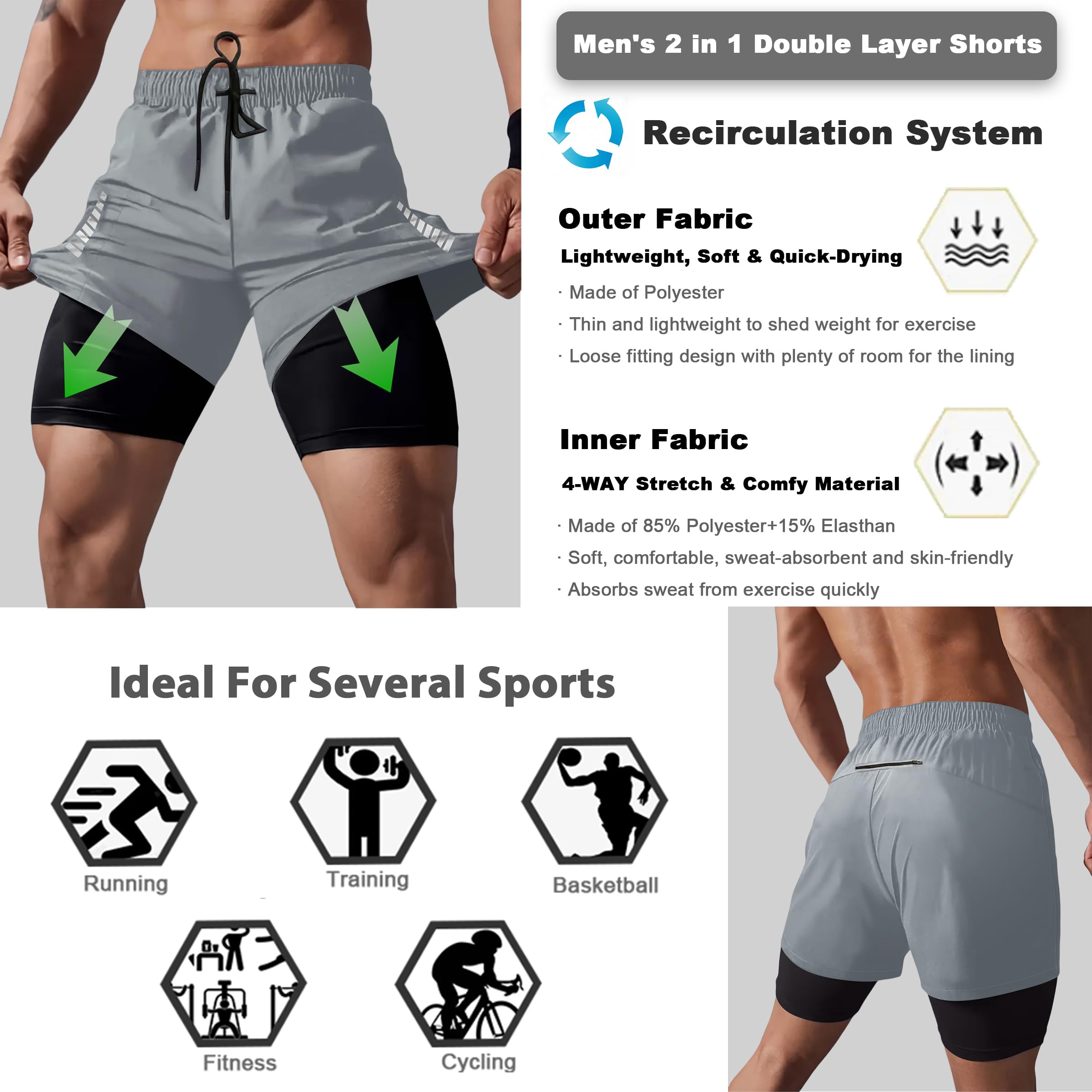 Smarstyle męskie krótkie spodenki do biegania, 2 w 1, szybkoschnące, sportowe spodnie z kieszeniami, oddychające spodenki treningowe