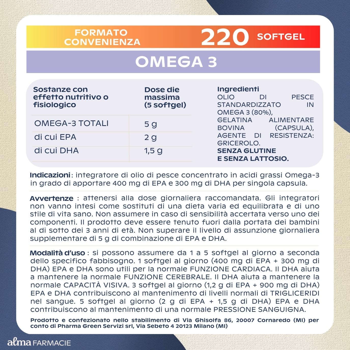 Omega 3 Alma Farmacie 220 Softgel Certificato IFOS 5 Stelle | 400 mg EPA e 300 mg DHA per dose, olio puro per il controllo dei trigliceridi, cuore, mente, occhi. Senza Glutine e Lattosio