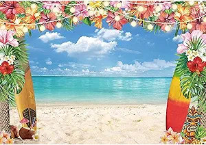 LIVUCEE 7x5ft Fabric Summer Hawaiian Beach Backdrop for Photography Tropical Flower Luau Hawaiian Party Decorations Aloha Blue Sky Ocean Palm Leaves Background Supplies Photoshoot