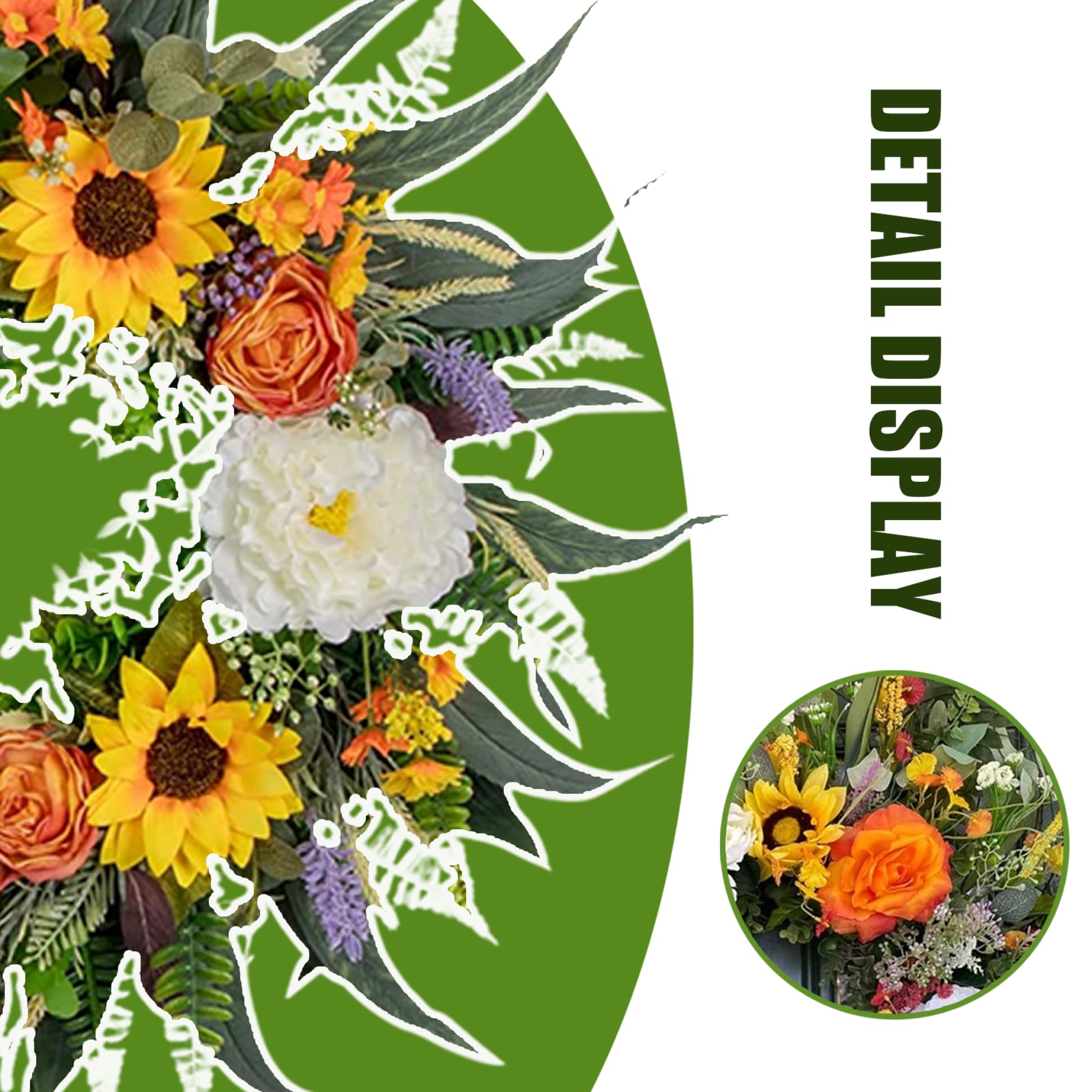 Künstlicher Türkranz,Frühlingstürkranz, 45 cm künstlicher Sonnenblumen-Türpfingstrosen-Sommerkranz