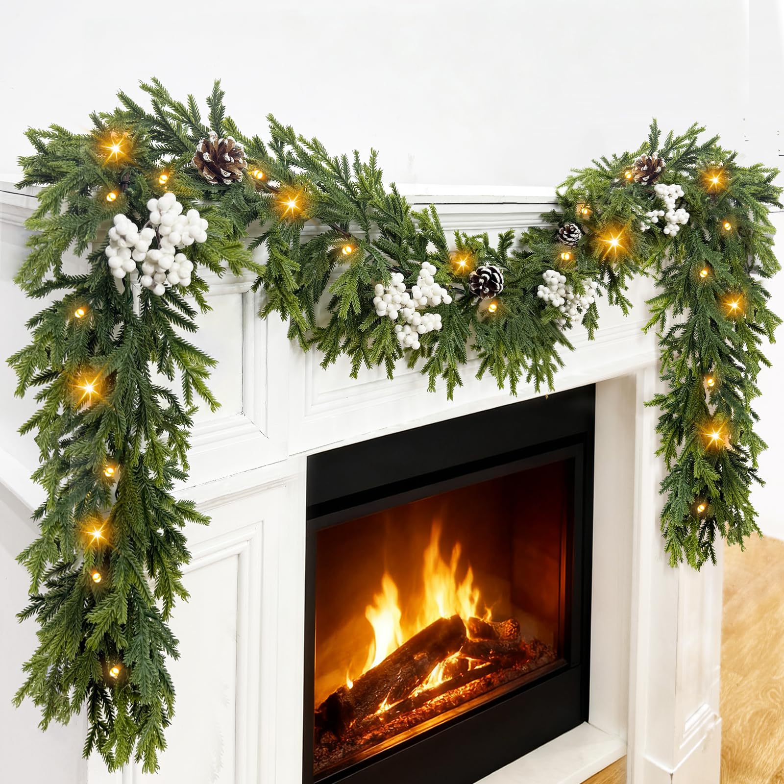 Guirlande de cèdre de Noël de 1,8 m avec baies blanches, pommes de pin et 20 lumières LED blanc chaud, vigne douce avec minuteur, décoration de Noël à piles pour cheminée, table, porte, escaliers