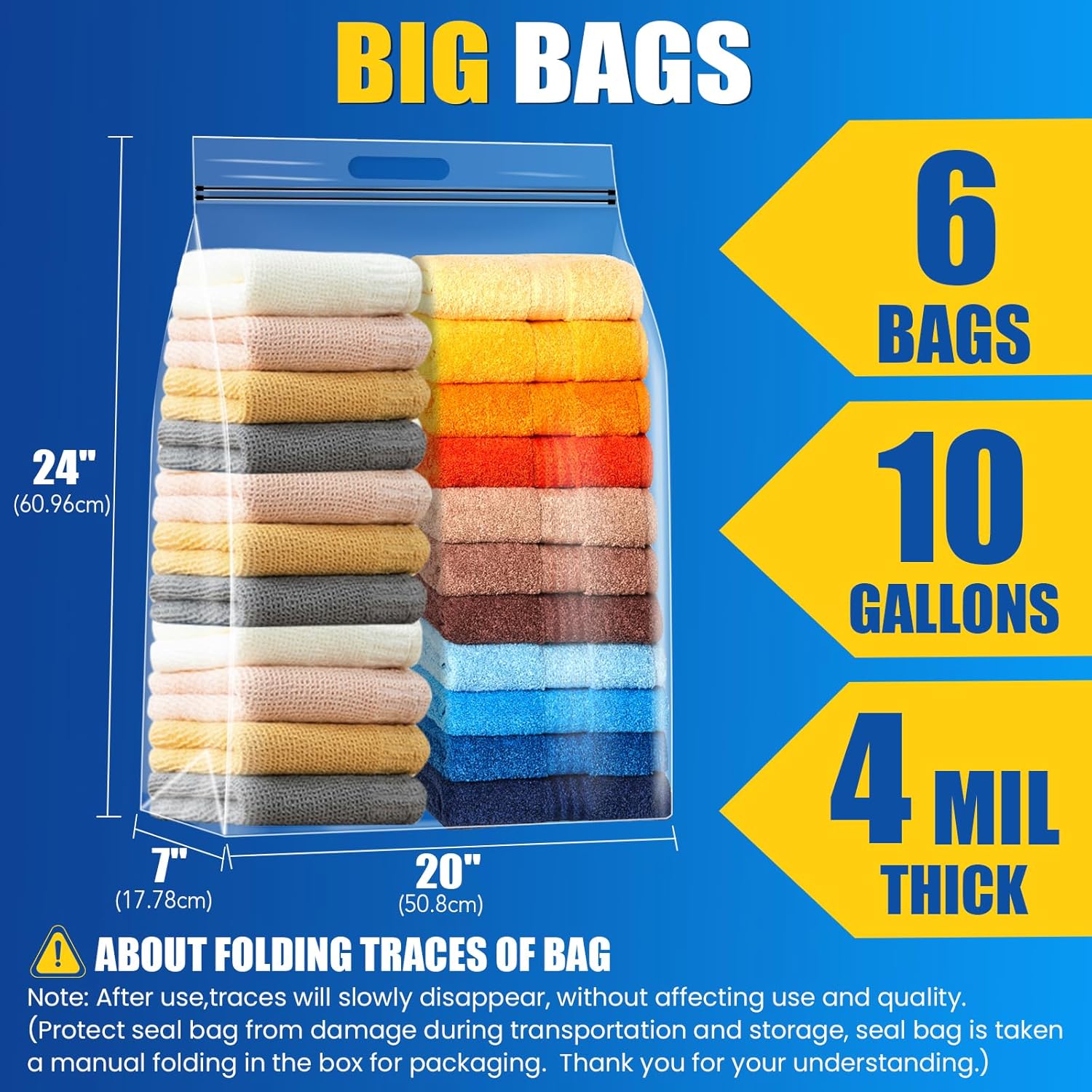 6Pack Extra Large Plastic Storage Bags 10 Gallons 24"x20"x7" Zero BPA Double Zipper Seal 4 Mils Thick Double Layer Carry Handle Resealable Moving Seasonal Travel Clothes 6Pack (10Gallons)
