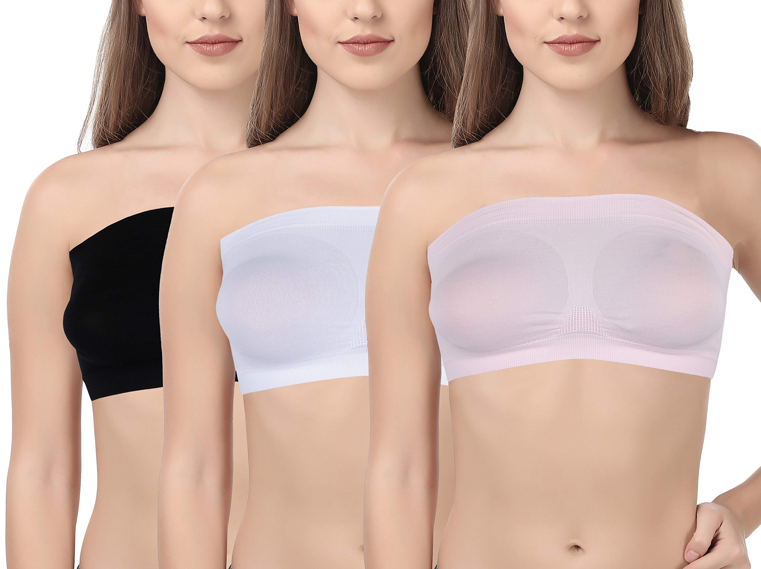 rapid Women's Non Padded Strapless Seamless Tube Sports Bra Black, White and Pink Set of 3-picture-27