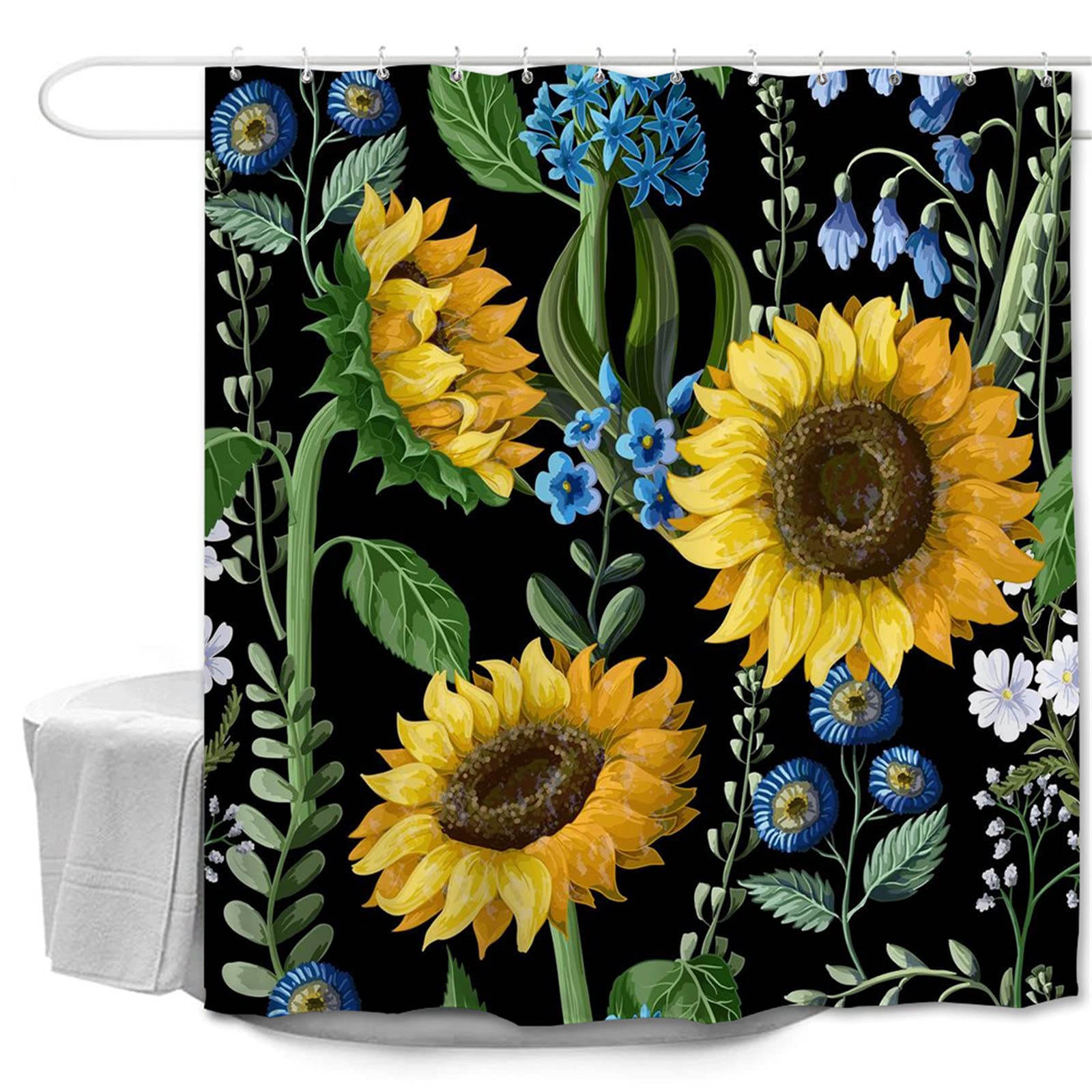Oduo Shower Curtains Mould Proof Resistant Washable, 3D Sunflower Print Shower Curtains Waterproof Bath Curtain with 10-12 Hooks - Shower Curtain for Bathroom (Blue Flowers,180x220cm)