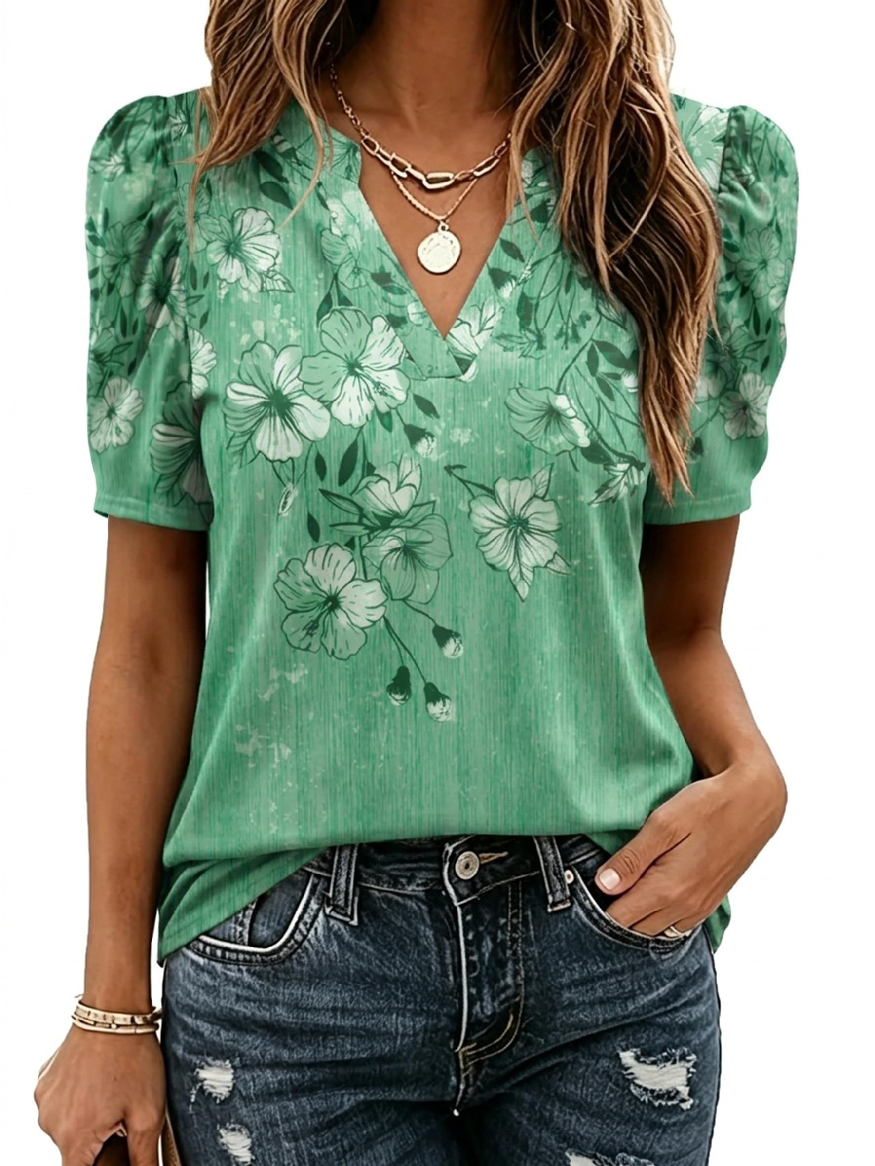 Zeagoo Women Blouses Puff Short Sleeve Tops V Neck Dressy Casual Spring Shirts Boho Floral Cute Clothes 2026