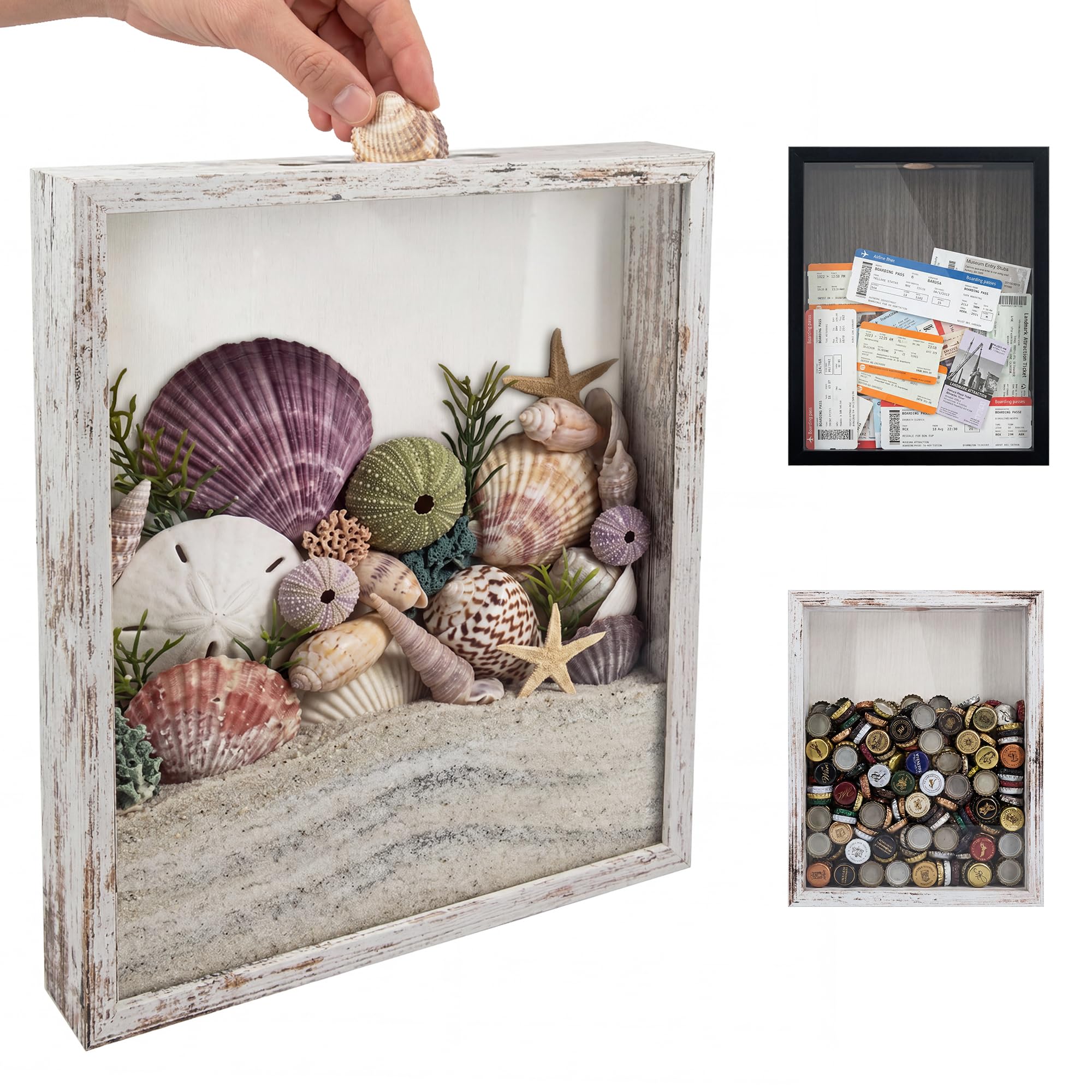 GraduationMall 11x14 Top Loading Shadow Box Frame with HD Glass,Wood Display Case with Slot,1.25 inches Interior Depth,Ideal for Wine Bottle Caps,Tickets,Shells,Stamps and More,White