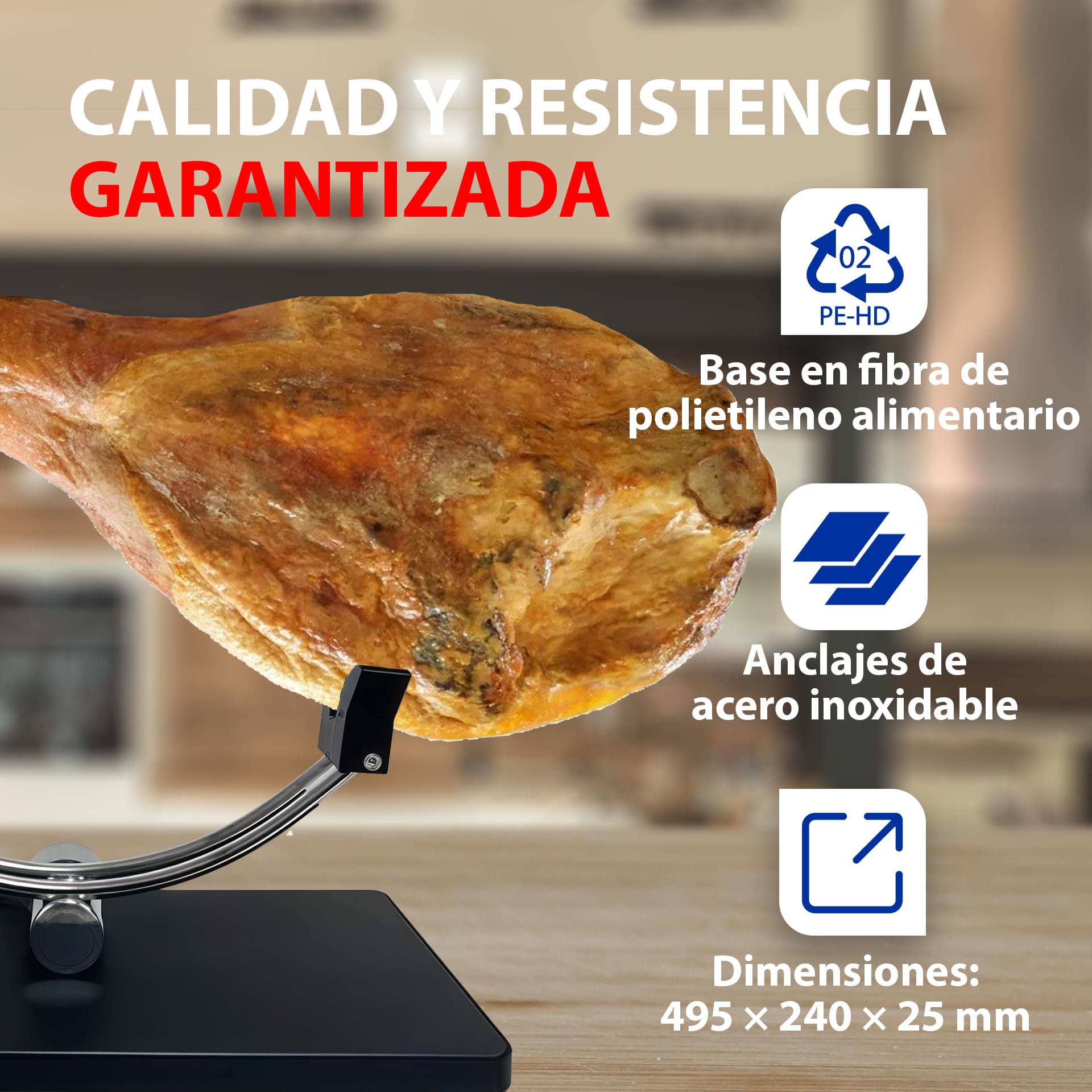 BALSAT | Jamonero de Fibra de Polietileno | 495x240x25mm | Soporte Jamonero con Anclaje y Estructuras de Acero Inoxidable | Base para Jamón Antideslizante | Jamonero Negro Fácil de Limpiar