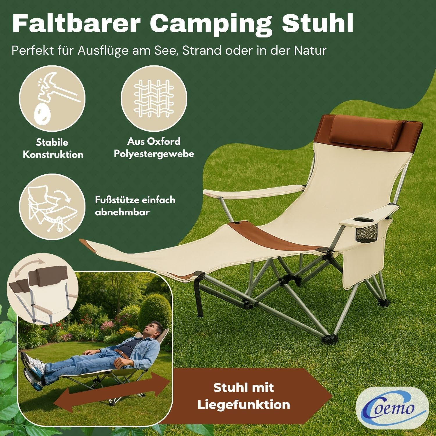Coemo Campingstuhl, Beige, zusammenklappbar, verstellbar, Getränkehalter