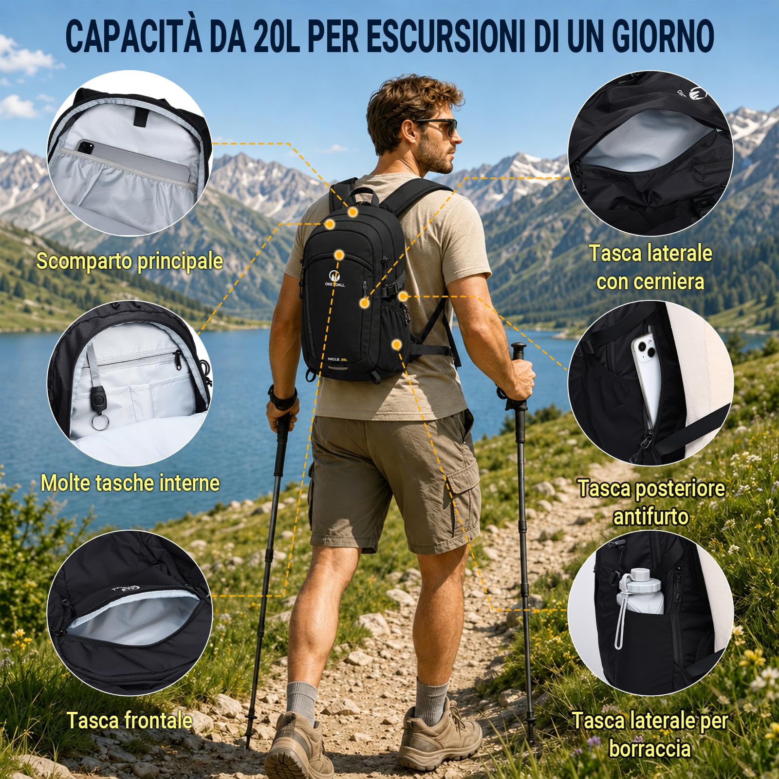 Zaino Trekking 20L, Zaino Montagna 20 Litri, Zaini Impermeabile Uomo Donna per Escursione|Hiking|Viaggio|Sci|Ciclismo, Ultraleggero Solo 510g