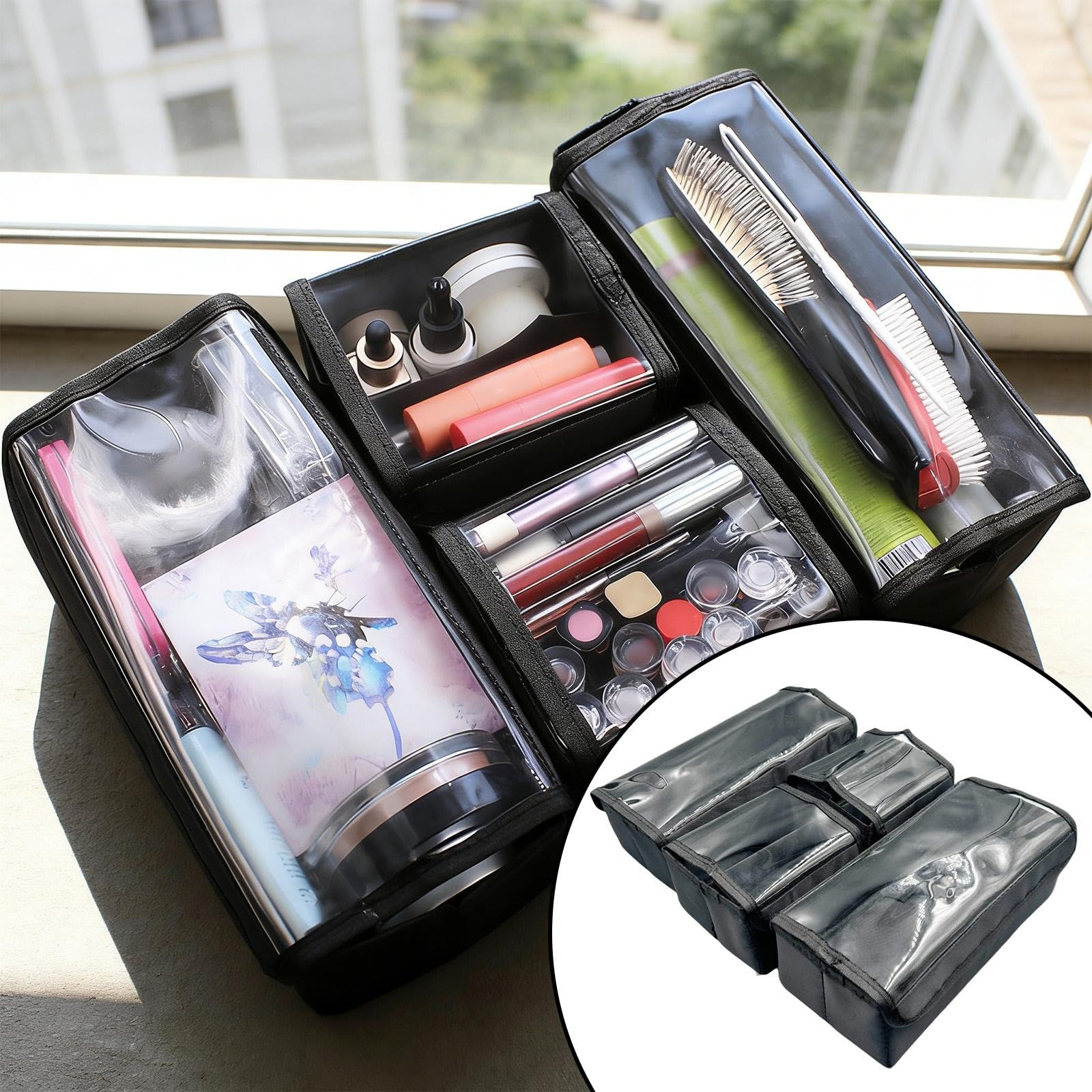 Pochette Cosmetica, Beauty Case, Contenitore in Tessuto Oxford, Accessori Da Viaggio, Essenziale con Divisori, Organizer Portatile, 2 grandi 2 piccoli