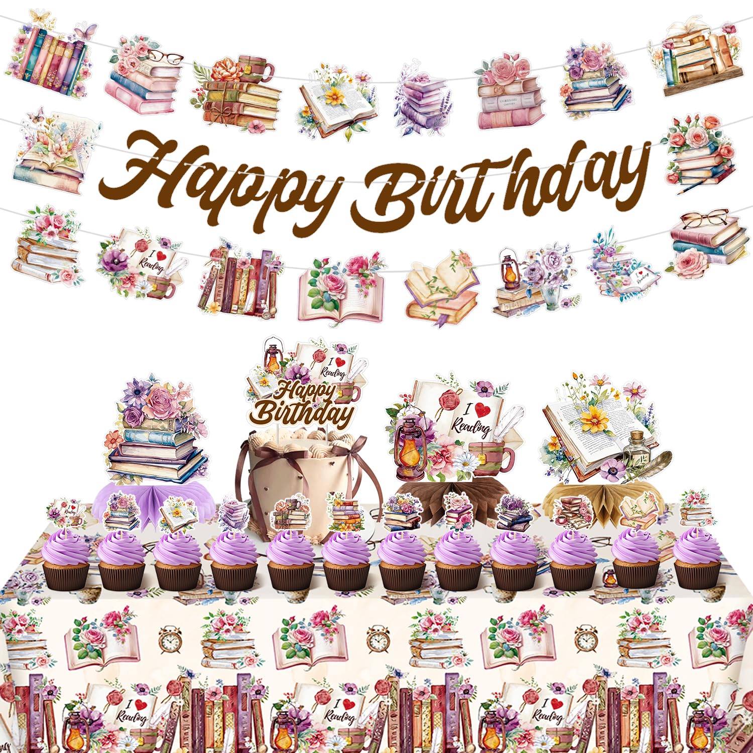 Book Birthday Decorations Book Party Decorations Include Happy Birthday Banner Cake Toppers Honeycombs Tablecloth for Books Party Supplies