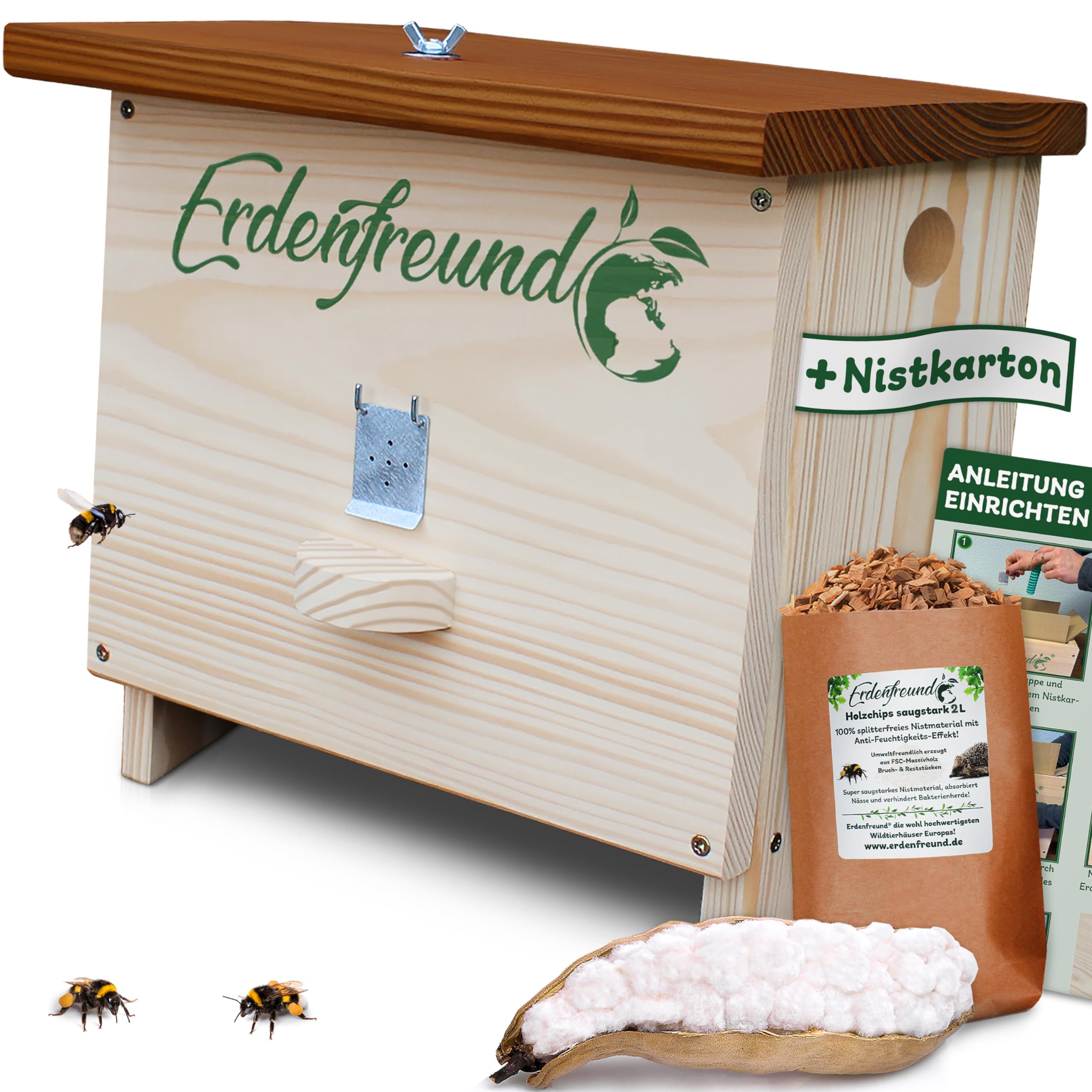 Erdenfreund® Hummelhaus mit Wachsmottenklappe und Räuberschutz Dachverschluss Hummelhotel + austauschbarer Nistkarton, Natur-Nistmaterial & Anleitung